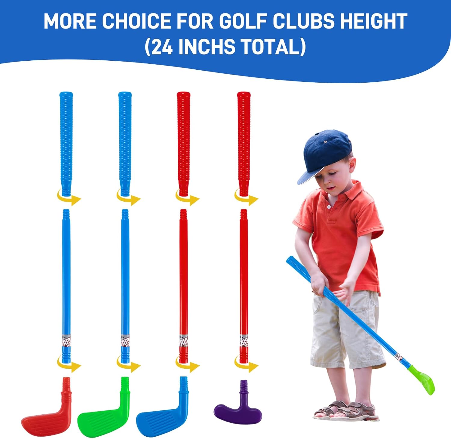 Sukabala Juego de golf para niños pequeños, palos de golf para niños con carrito de golf, tapete de puting, 4 palos, 2 agujeros de práctica, 8