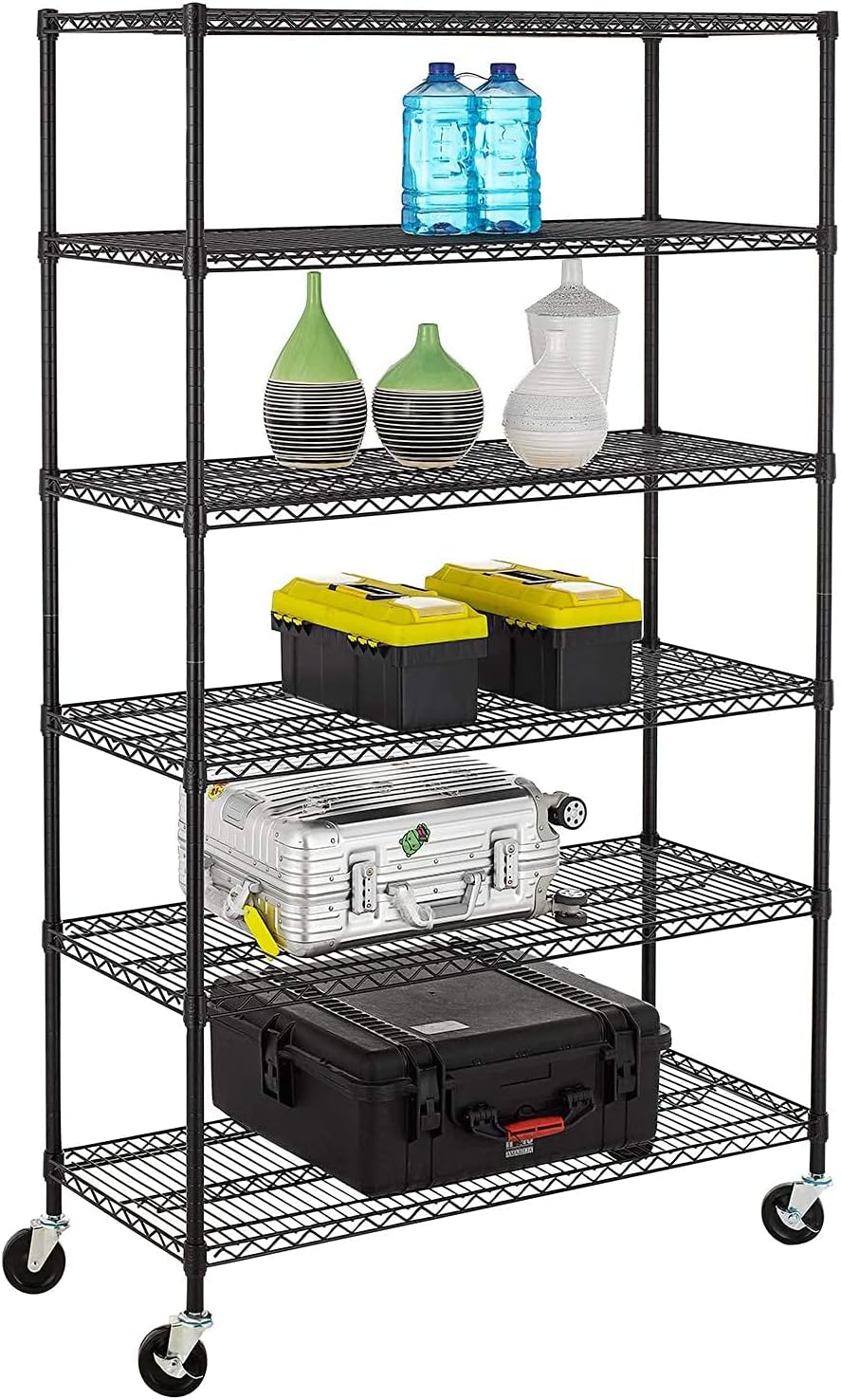 FDW – Estantería metálica  6 estantes de alambre de acero resistente ajustables, con ruedas, 48 pulgadas (L) x 18 pulgadas (An) x 76 pulgadas (A)