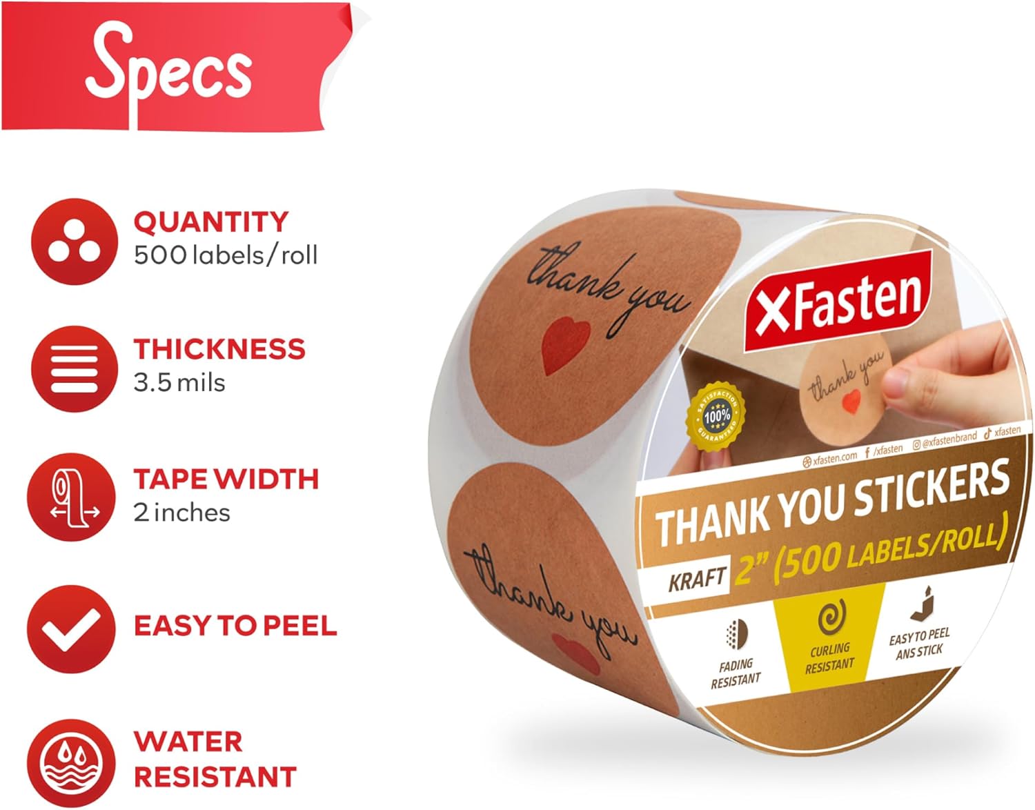 XFasten Rollo de calcomanías de agradecimiento Kraft para pequeñas empresas, 500 etiquetas redondas de agradecimiento de 2 pulgadas, aptas para