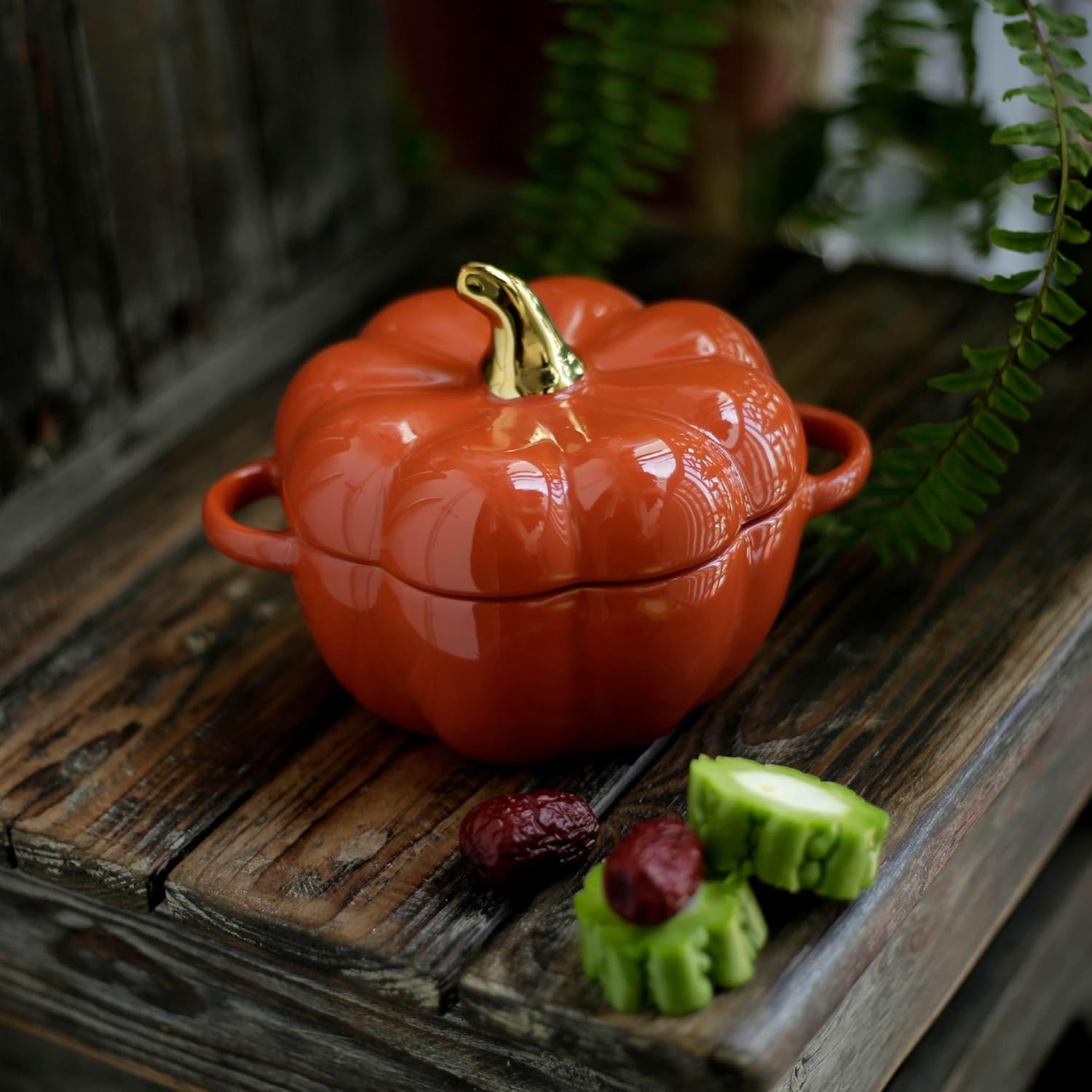 Plato de cerámica antiadherente en forma de calabaza  Mini tazón con asas y tapa  Ollas de vajilla modernas y creativas para servir, cocinar y