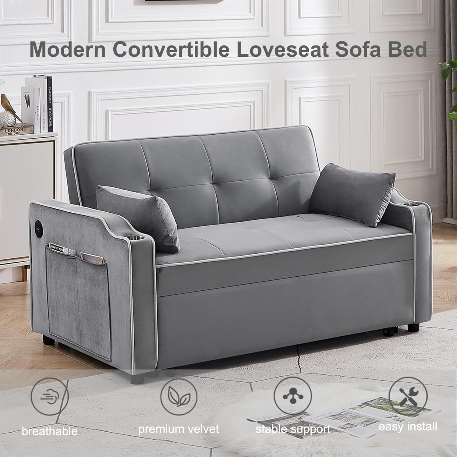 Sofá cama convertible 3 en 1 con puertos USB, cómodo sofá biplaza de terciopelo de 55 pulgadas con portavasos, sofá cama extraíble con
