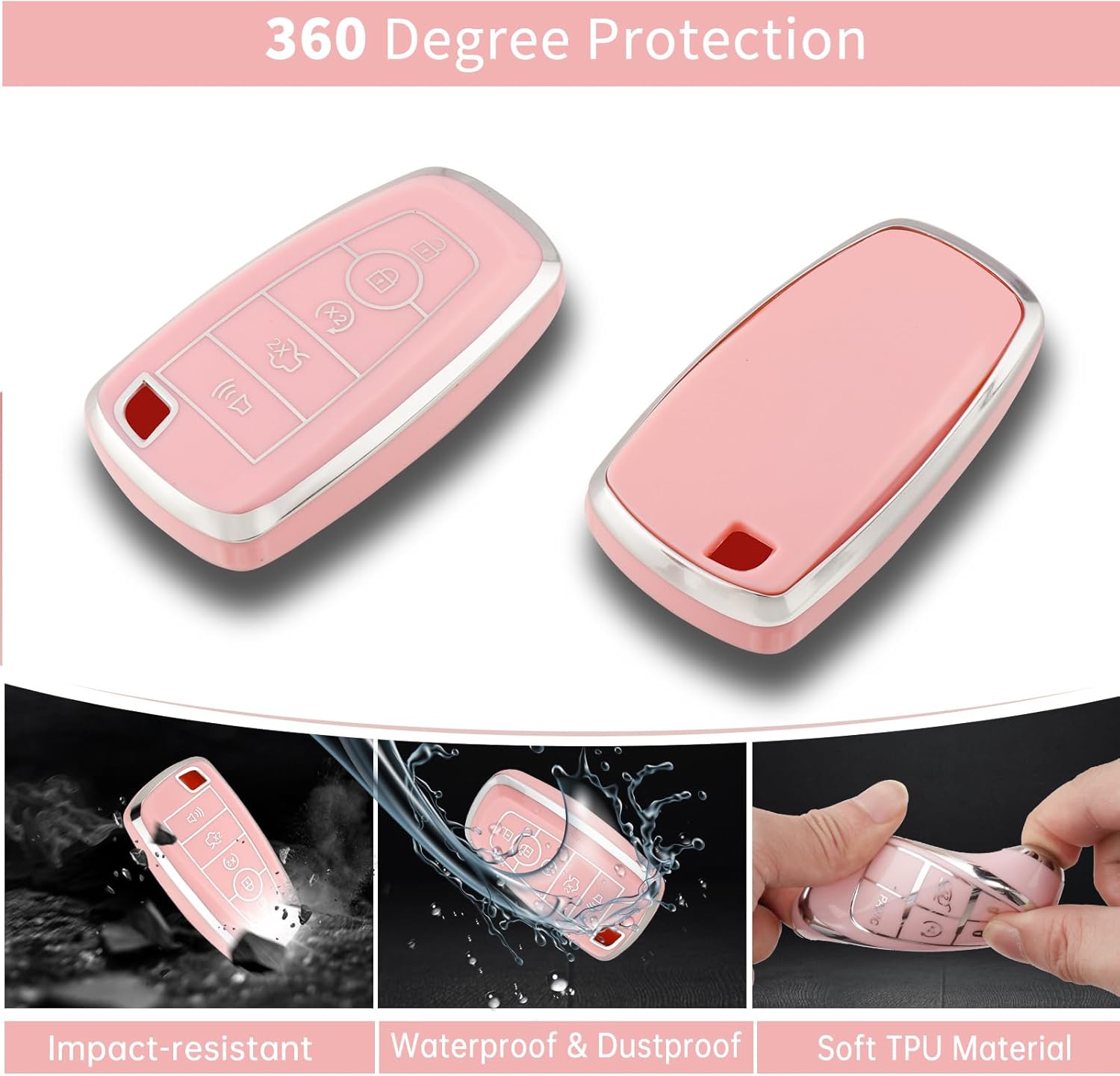 Funda rosa para llavero Ford, funda de TPU suave con llavero brillante para Edge Escape Expedition Explorer Fusion Mustang Ranger F-150 F-250