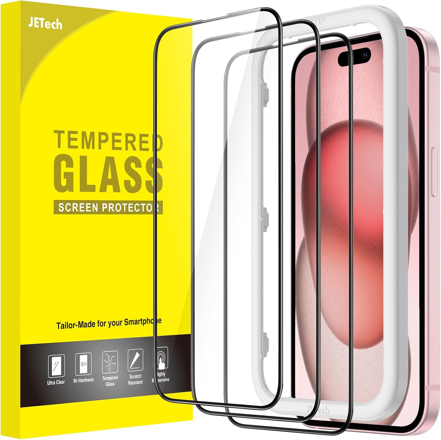 JETech Protector de pantalla de cobertura completa para iPhone 15 de 6.1 pulgadas, película de vidrio templado con borde negro con herramienta de