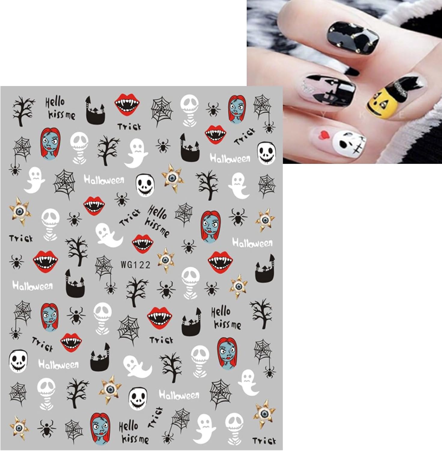 JMEOWIO 12 hojas de calcomanías de arte de uñas de Halloween, calcomanías autoadhesivas, uñas lindas de calavera fantasma, fantasma, suministros de