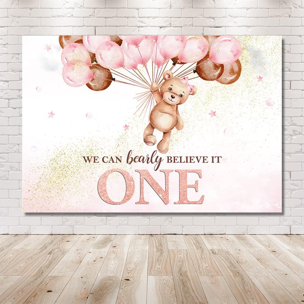 MEHOFOND Telón de fondo de oso para el primer cumpleaños para niñas, con texto en inglés “We Can Bearly Believe It One Happy First Birthday”,