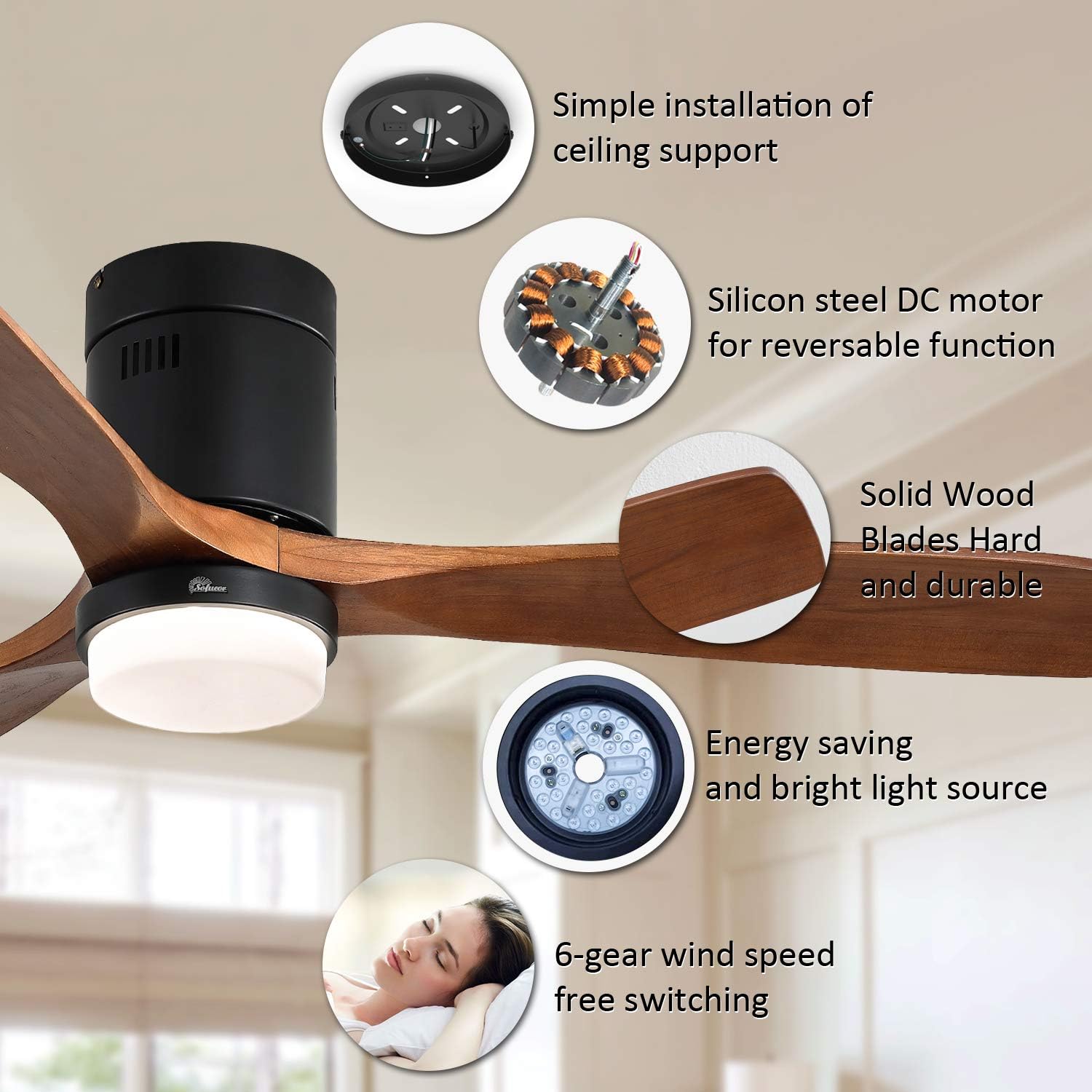 Sofucor Ventiladores de techo de montaje empotrado de 52 pulgadas con luces y control remoto, LED regulable, motor de CC silencioso, para sala de