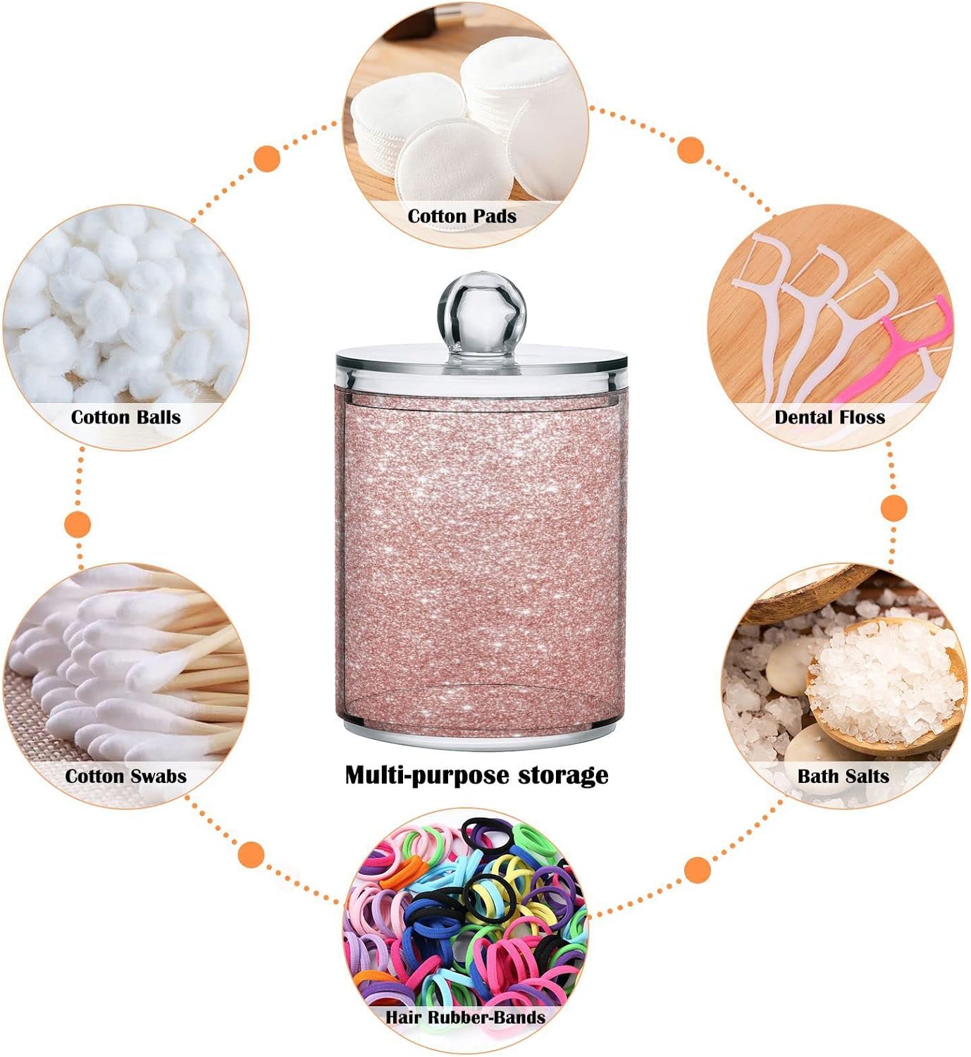Dispensador de soporte Qtip de oro rosa brillante con tapas, 2 unidades, juego organizador de almacenamiento de baño de 14 onzas, tarros de
