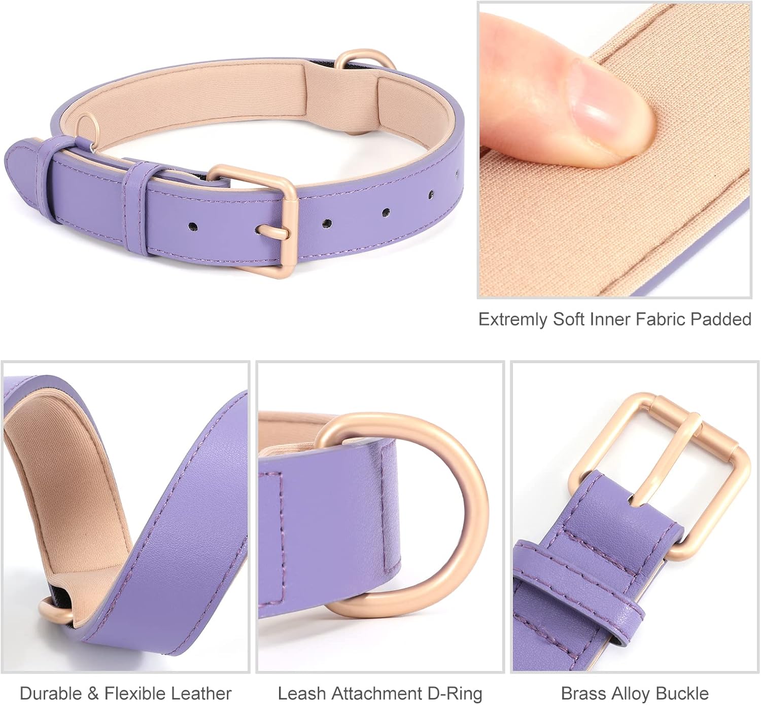 WHIPPY Collar de cuero para perro pequeño, mediano y grande, ajustable, suave, transpirable, acolchado, de cuero con hebilla de aleación, resistente