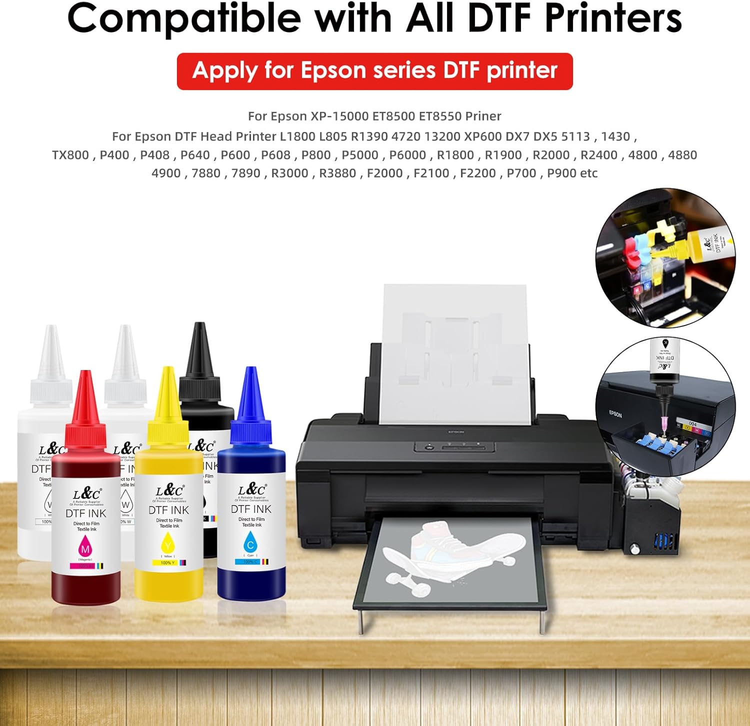 L&C Tinta DTF, tinta DTF para epson xp15000 DTF recarga de tinta de transferencia para et-8550 D570 l1800 R1390 xp15000 L805 Todas las impresoras