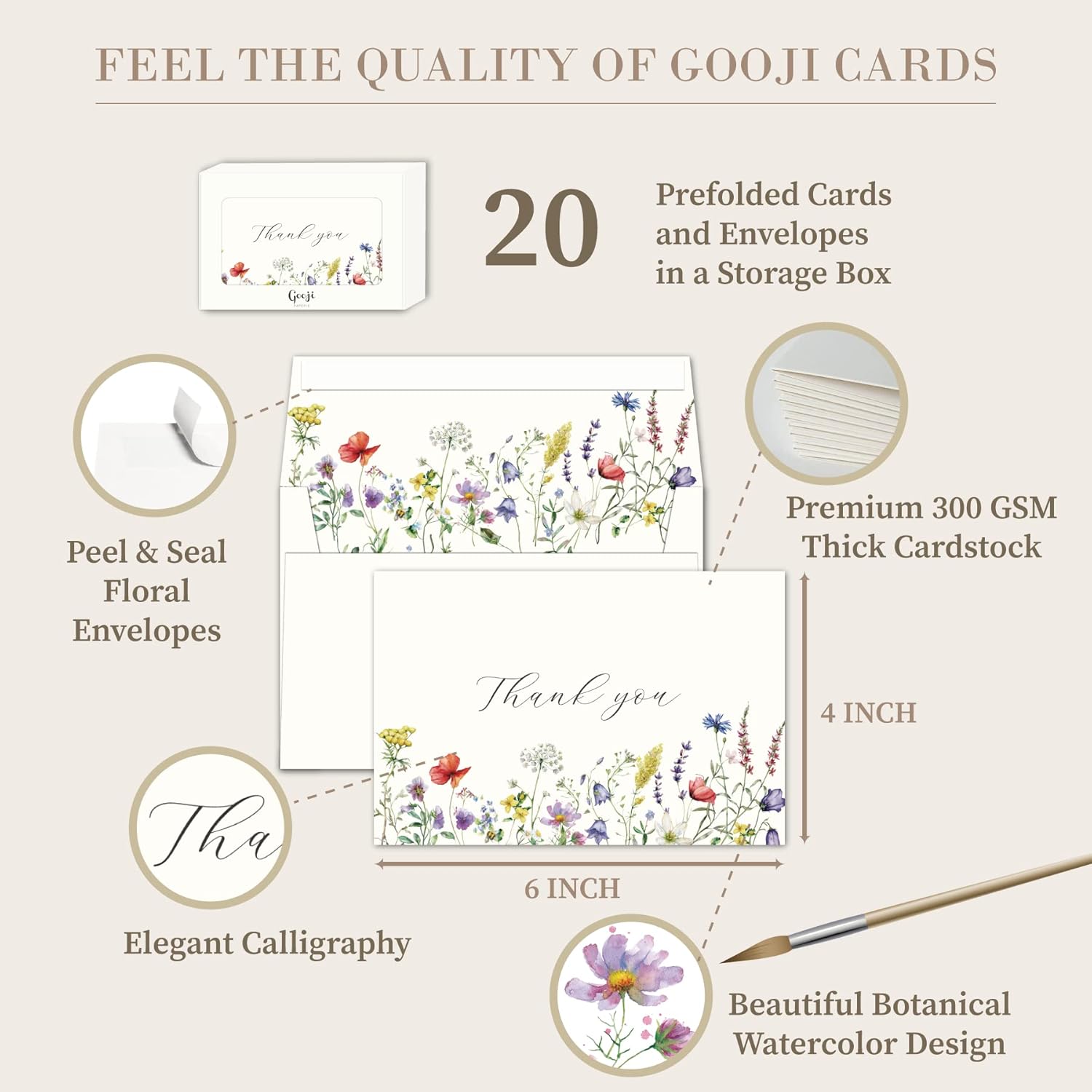 Tarjetas de agradecimiento florales de verano 4 x 6 con sobres (paquete de 20 sobres a granel) a juego, flores silvestres, bodas, notas en blanco