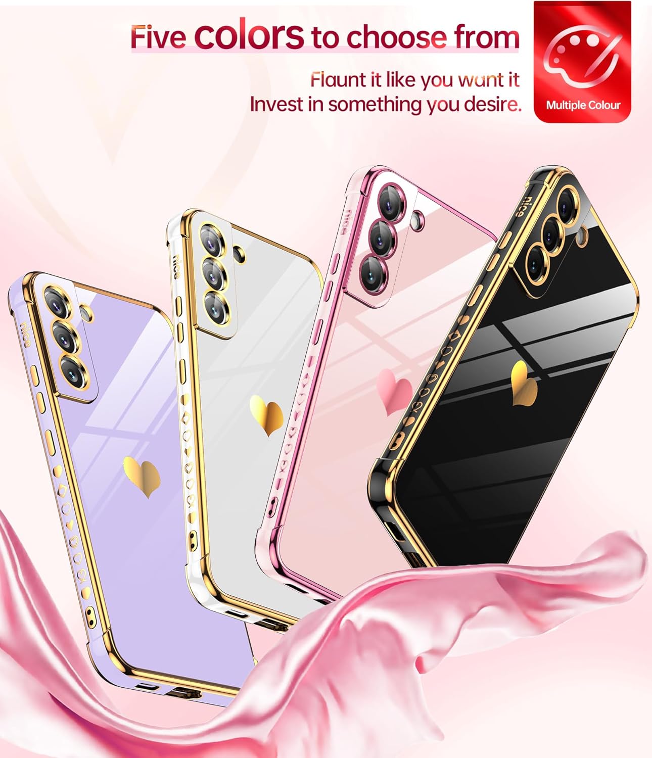 LeYi Funda para Samsung Galaxy S22 protección completa de la lente de la cámara, diseño de corazón chapado en corazón femenino lindo de lujo TPU