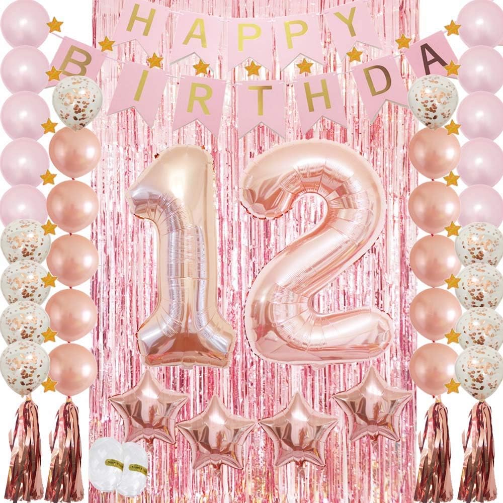 Decoraciones de cumpleaños número 12, suministros de fiesta de oro rosa para niñas, globo de látex de confeti, estrella de Mylar de aluminio,