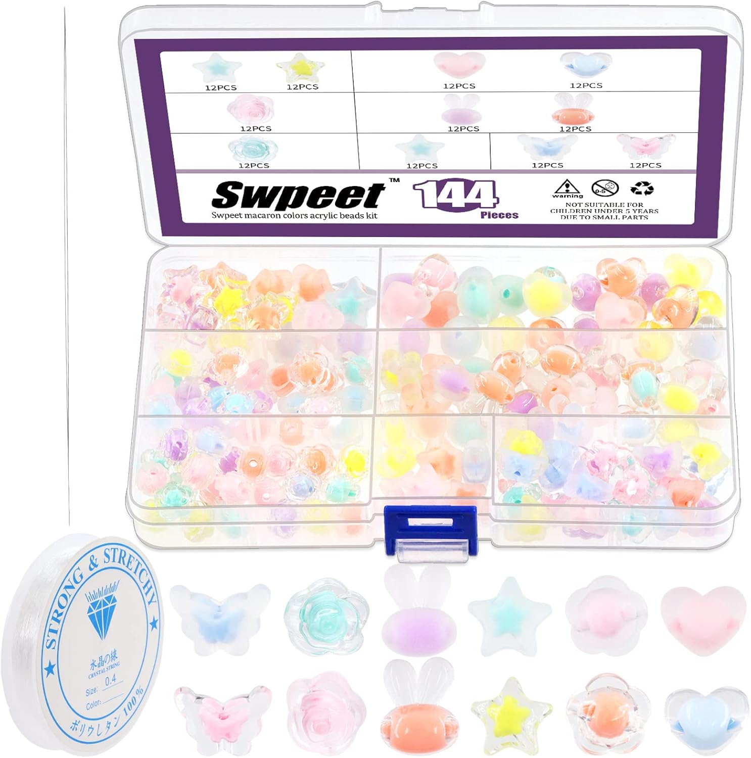 Swpeet Juego de 147 cuentas acrílicas transparentes y glaseadas de colores macarrones, 12 estilos y agujas de cuentas con cordón elástico, juego