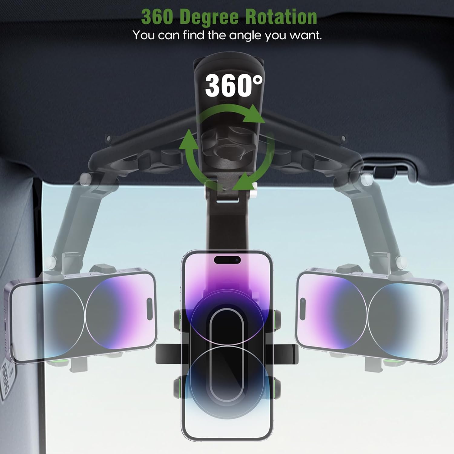 Soporte giratorio y retráctil para teléfono de automóvil, soporte de teléfono para visera solar de 1080 para tu automóvil, soporte ajustable para