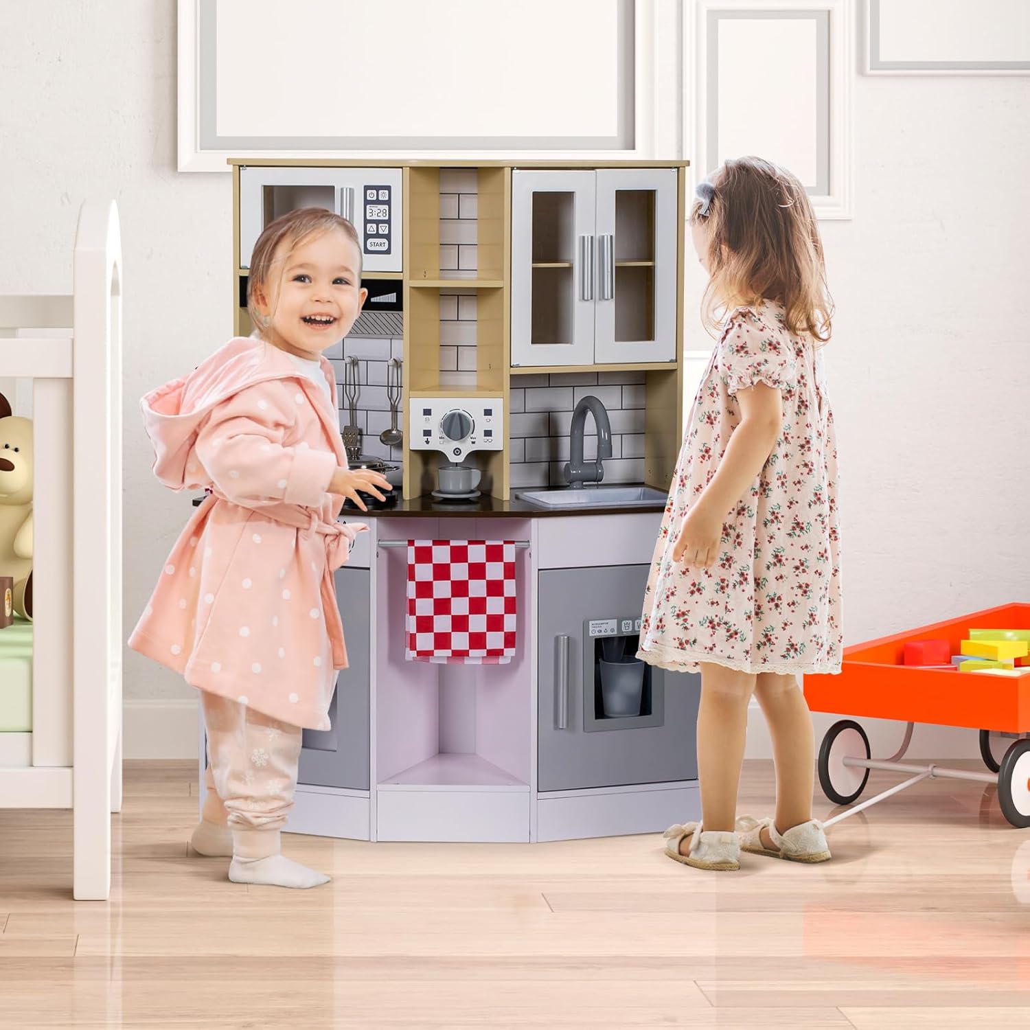 Juego de cocina para niños, cocina de madera con grifo, fregadero, microondas, horno, delantal, armarios de almacenamiento, juego de juguetes de