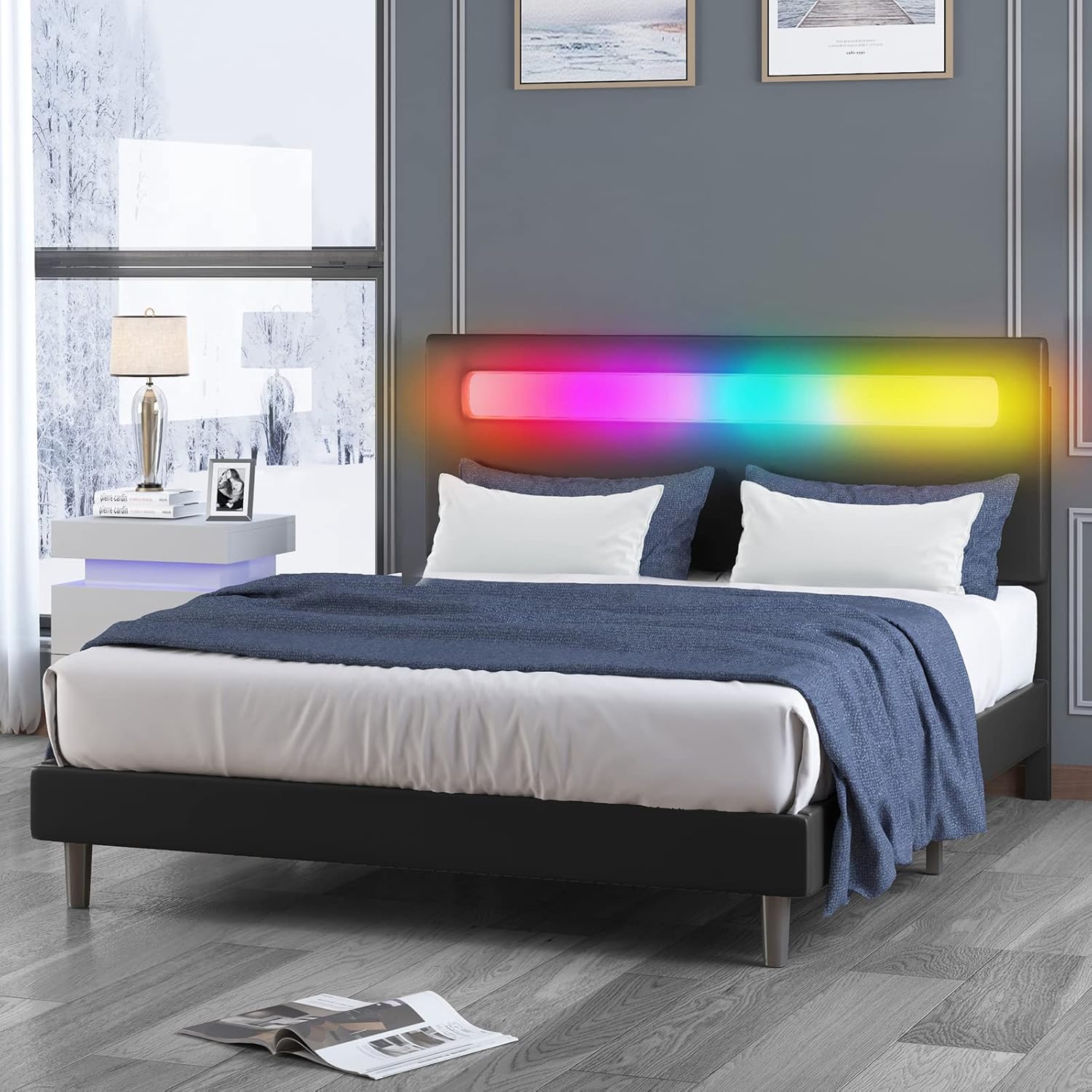 Mjkone Platform Bed Frame with Smart RGB LED Light Strip, Queen Size Bed Frame with Adjustable Headboard, Compatible with Alexa & App, No Mattress