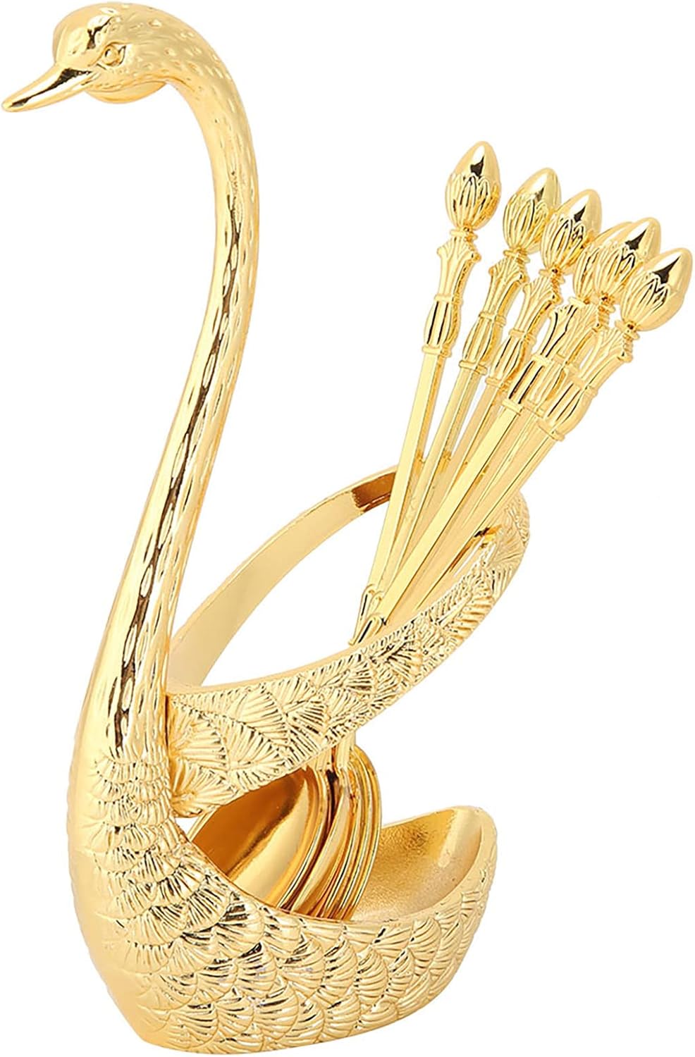 Juego de 6 cucharas de café, 1 soporte de base en forma de cisne, base de cisne de aleación de zinc, organizador de cucharas elegantes de cisne de