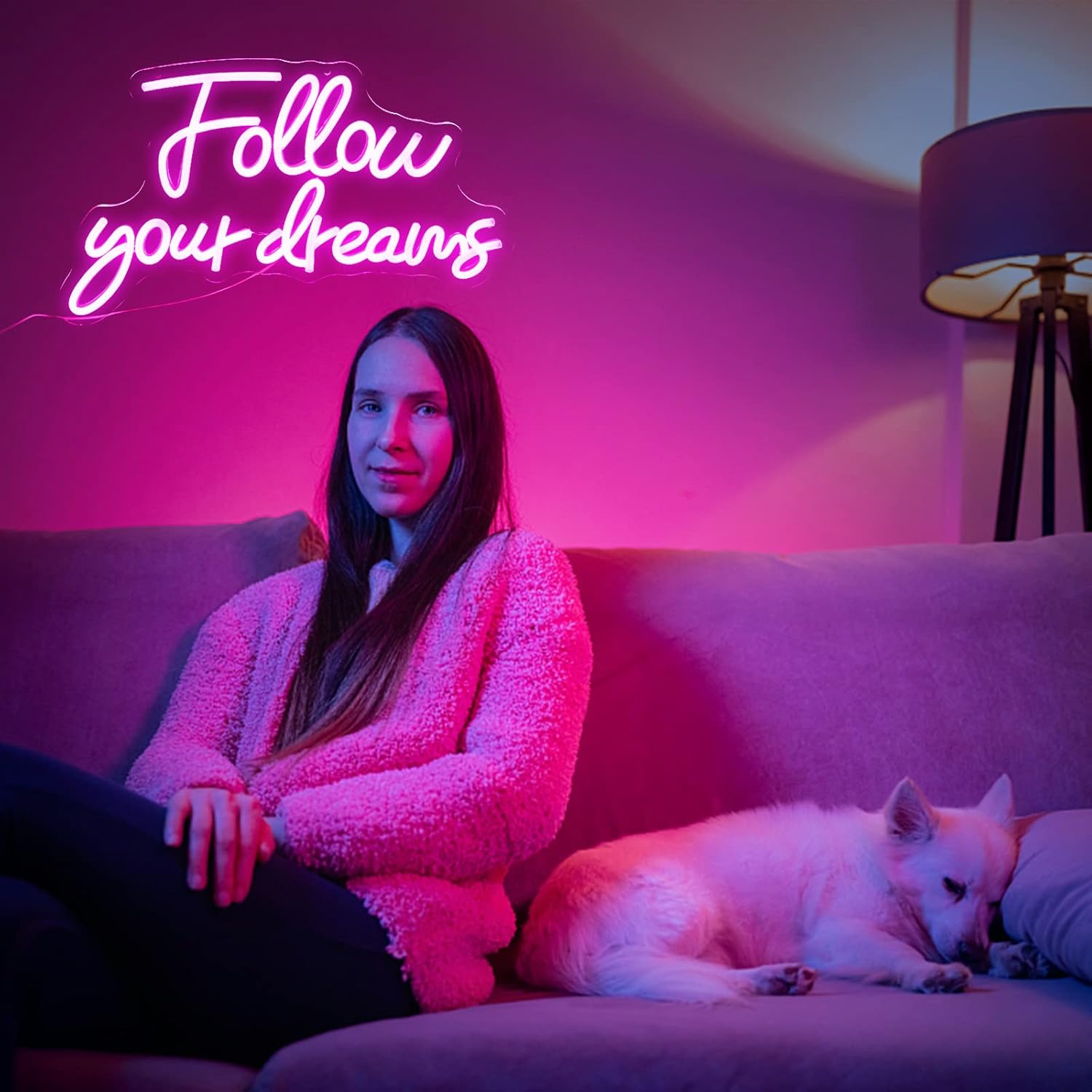 Noasktt Letrero de neón de Follow Your Dreams, luces de neón para decoración de pared, con interruptor regulable, letreros de neón LED rosa