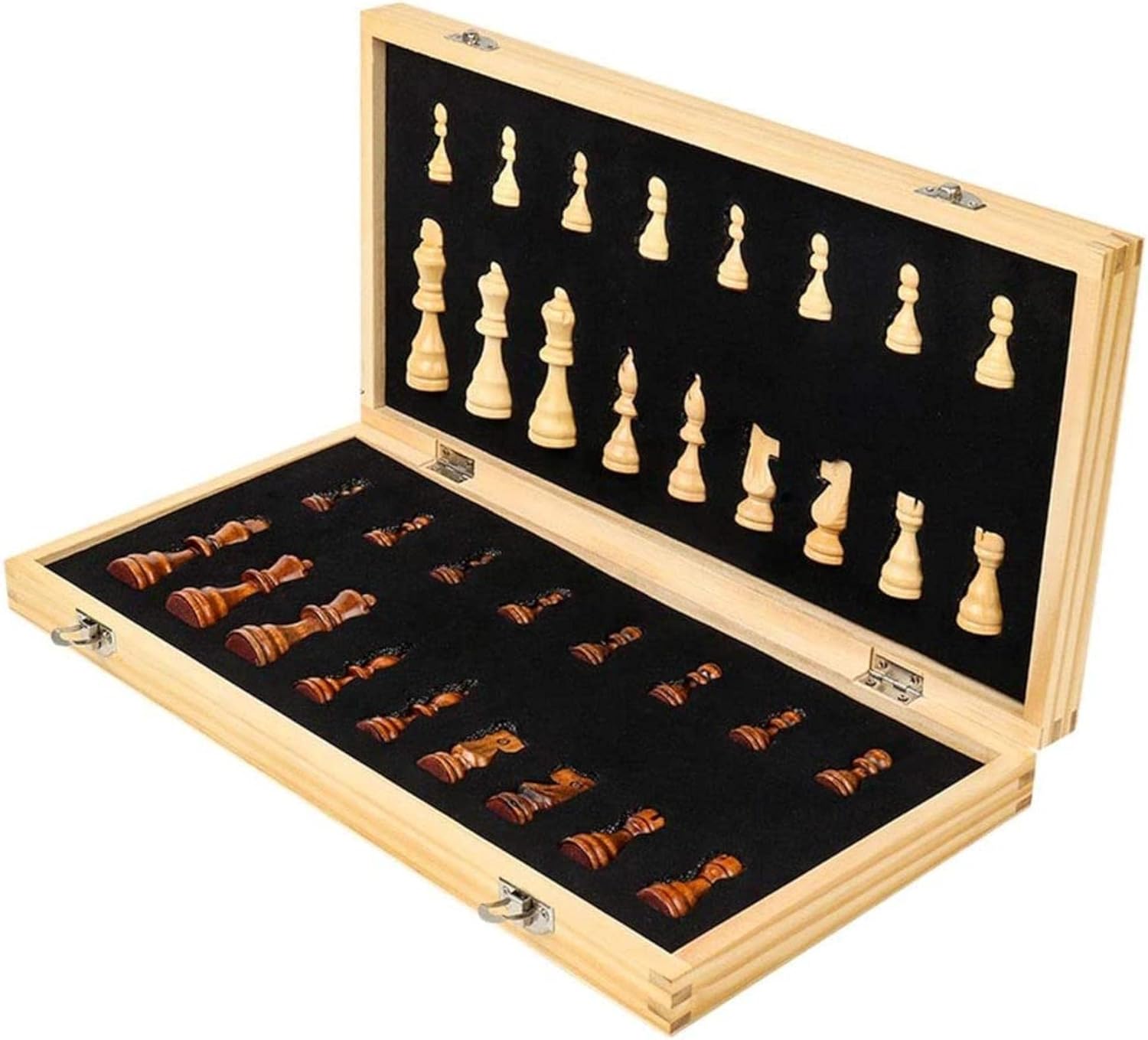 ROLTIN Chess Set Foldable Magnetic Chess Set Wooden Chess Board Game Set with Crafted Chesspiece & Storage Slots 2 Extra Queen Board Games