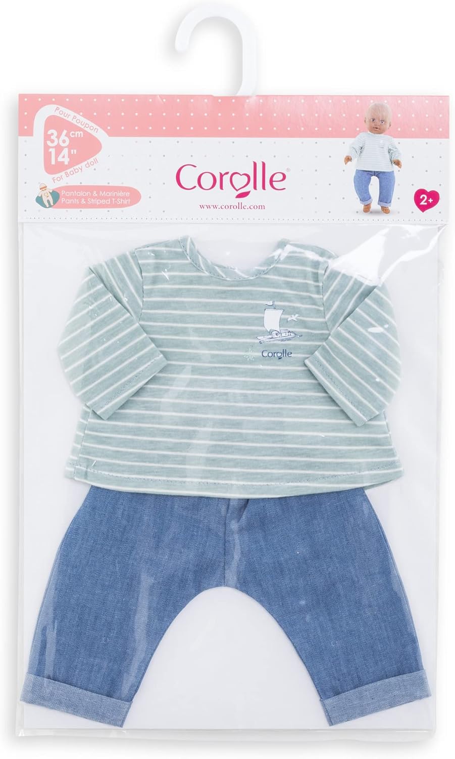 Corolle Conjunto de muñeca de bebé de 14 pulgadas, pantalones Loire Riverside y camiseta a rayas, trajes y accesorios Mon Grand Poupon para muñecas