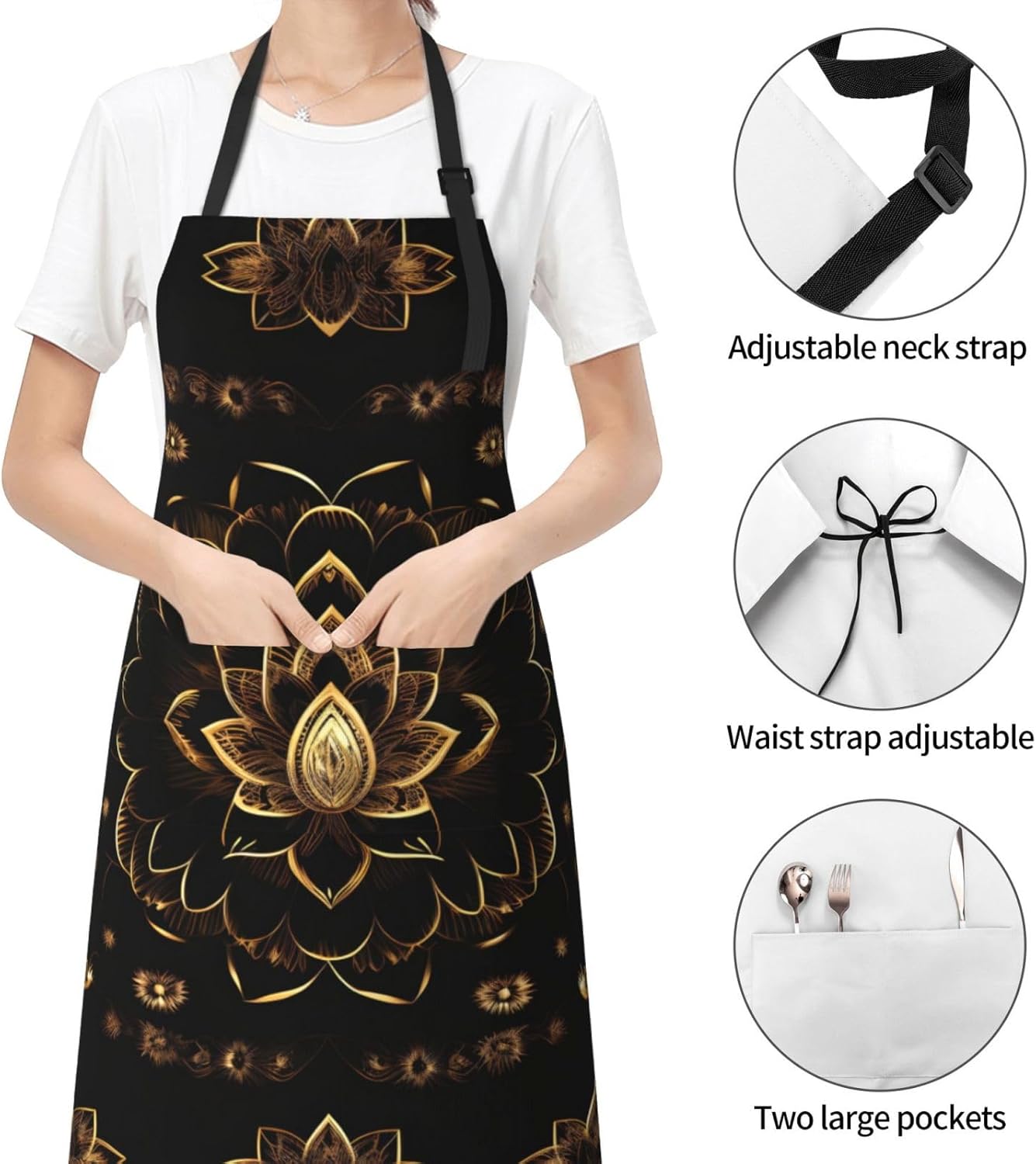 JENKEM Delantal impermeable de flores de loto dorado con bolsillos delantales de cocina ajustables babero de cocina para hornear hogar