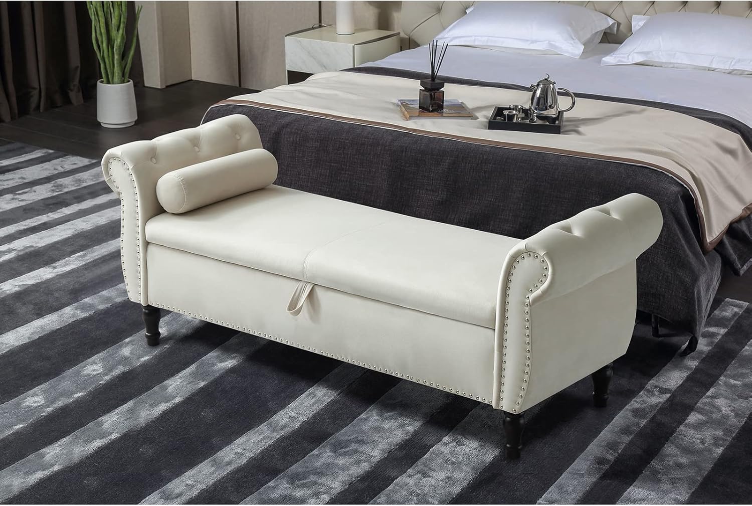 KINFFICT Banco de almacenamiento tapizado de terciopelo, beige, marco de madera de caucho, amplio espacio de almacenamiento, diseño elegante, uso
