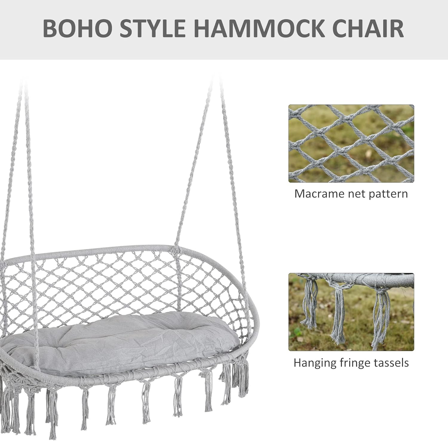 Outsunny Hamaca para 2 personas, columpio de macramé con cojín suave, silla colgante de cuerda de algodón para interiores y exteriores, hogar,