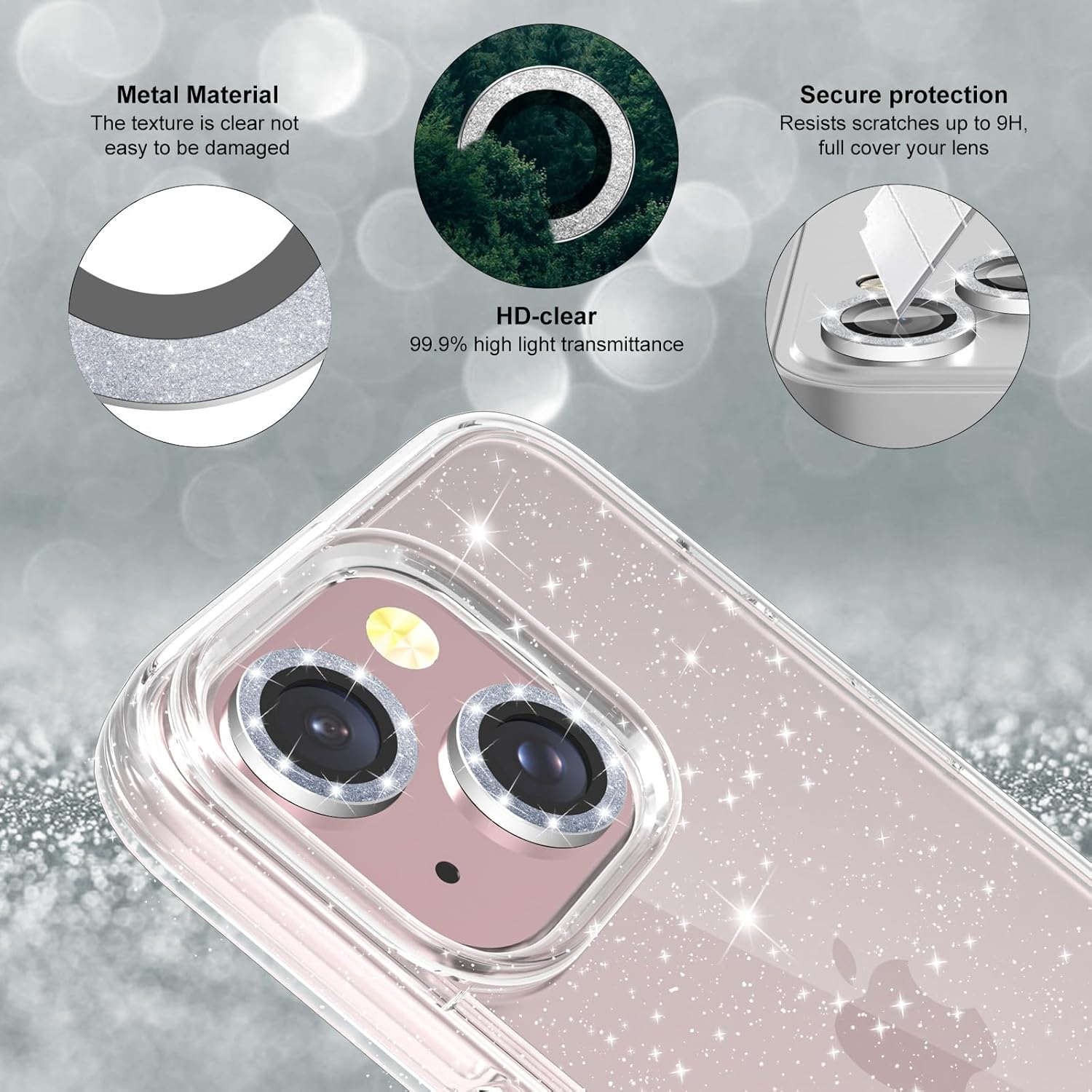 Jasmeas Funda con purpurina para iPhone 15 de 6.1 pulgadas, con 2 unidades protector de pantalla y 2 unidades protector de lente de cámara brillante
