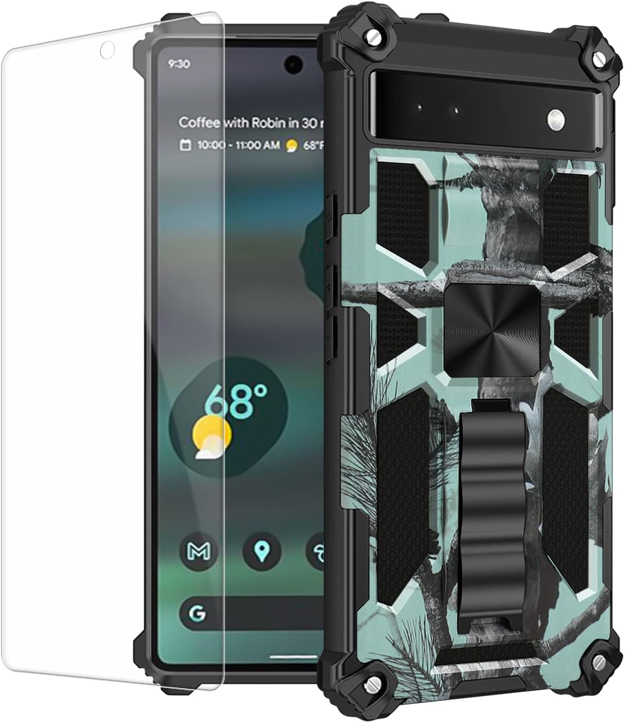 Funda para Pixel 6A (no para 6 o 6P), con protector de pantalla de vidrio templado 9H, grado militar, soporte con soporte magnético para automóvil,