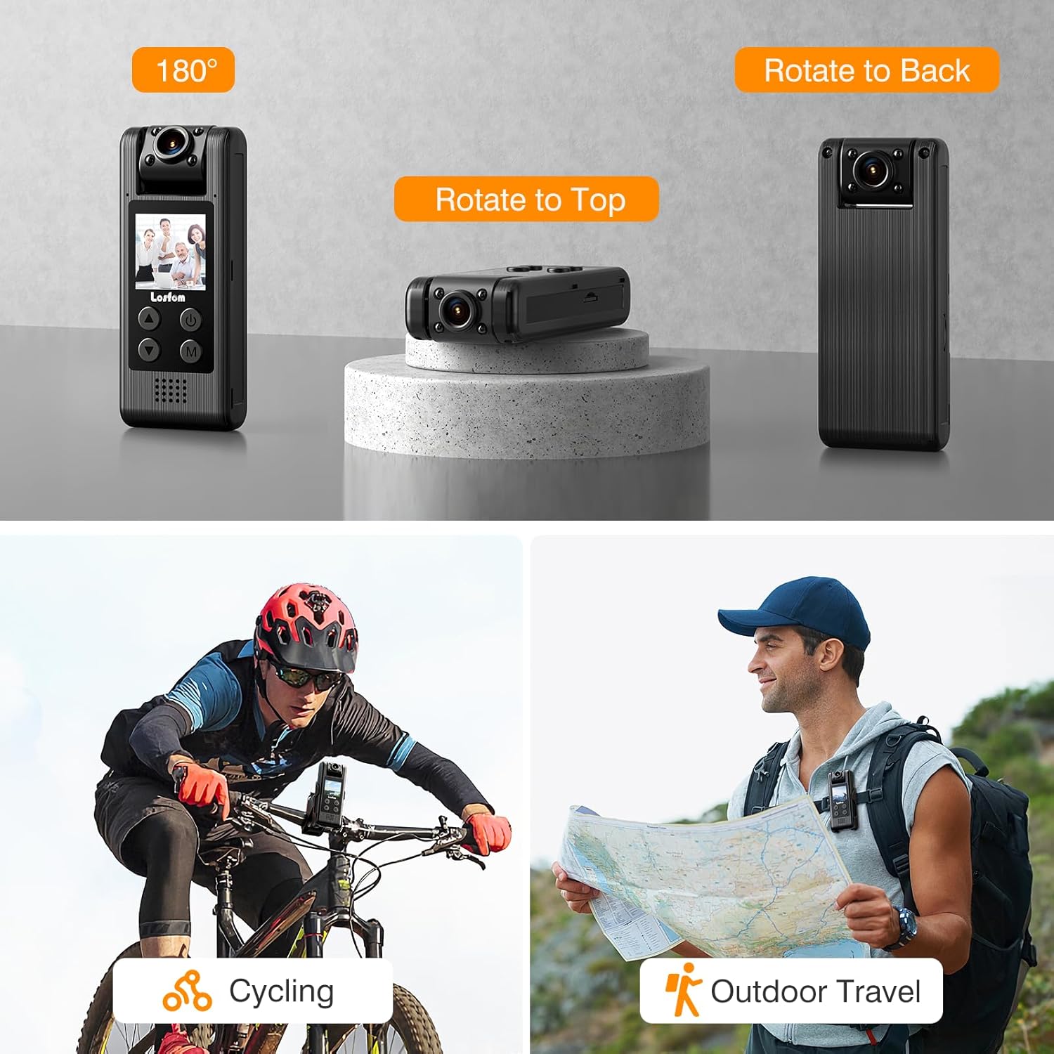 Losfom Z07 2K 64GB Body Worn Camera, 1440P HD Cámara corporal con lente giratoria, cámara montada en el cuerpo con visión nocturna, lente giratoria