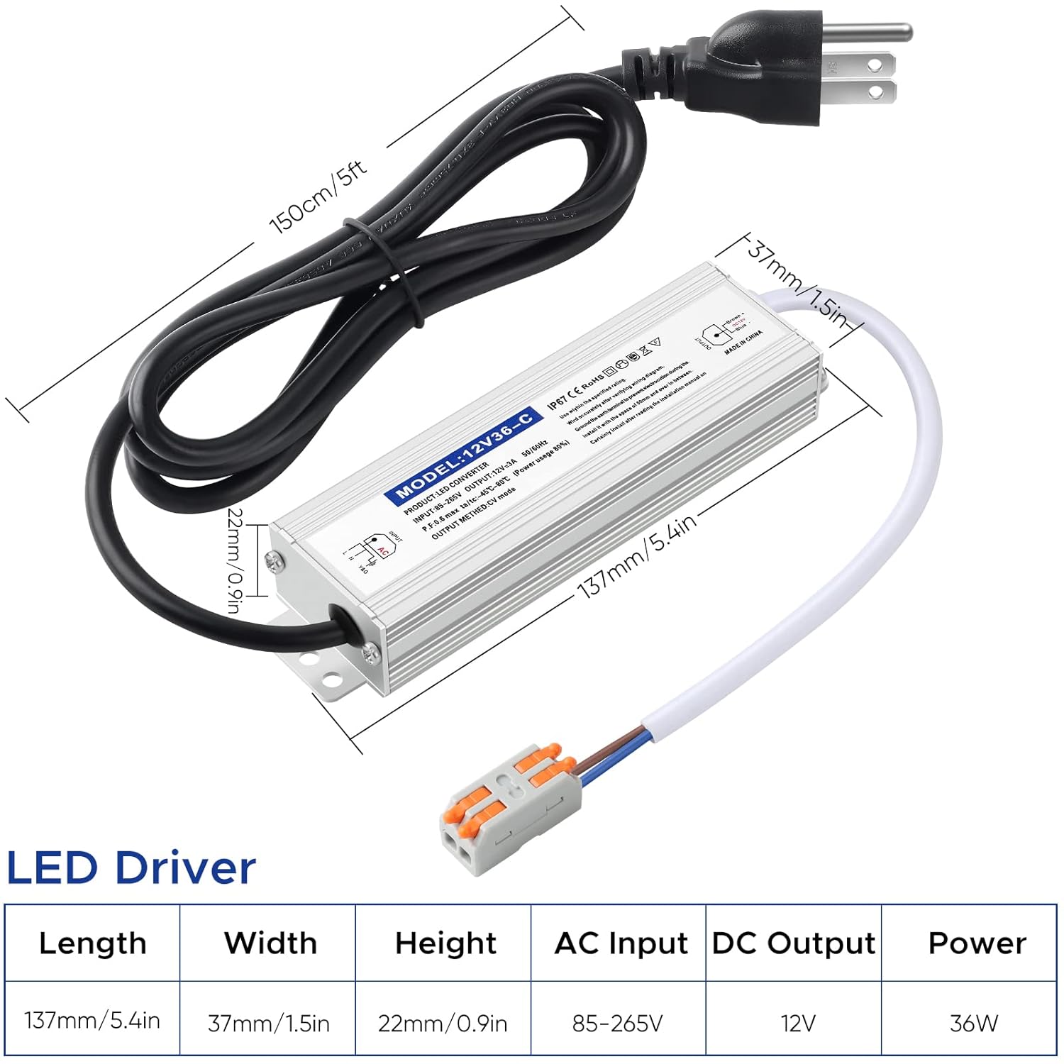 Fuente de alimentación impermeable IP67 de 24 V 36 W 1.5 A, controlador LED de 24 V, convertidor de CA de 120 V a 24 V CC, con enchufe de 3 clavijas