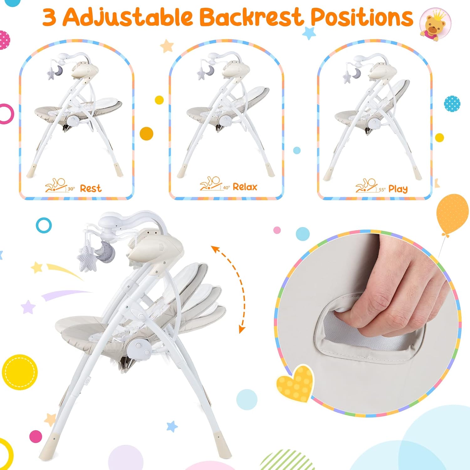 BABY JOY Columpios de bebé para bebés, balancín portátil para bebés con 5 velocidades de oscilación, respaldo ajustable de 3 posiciones, 3 ajustes