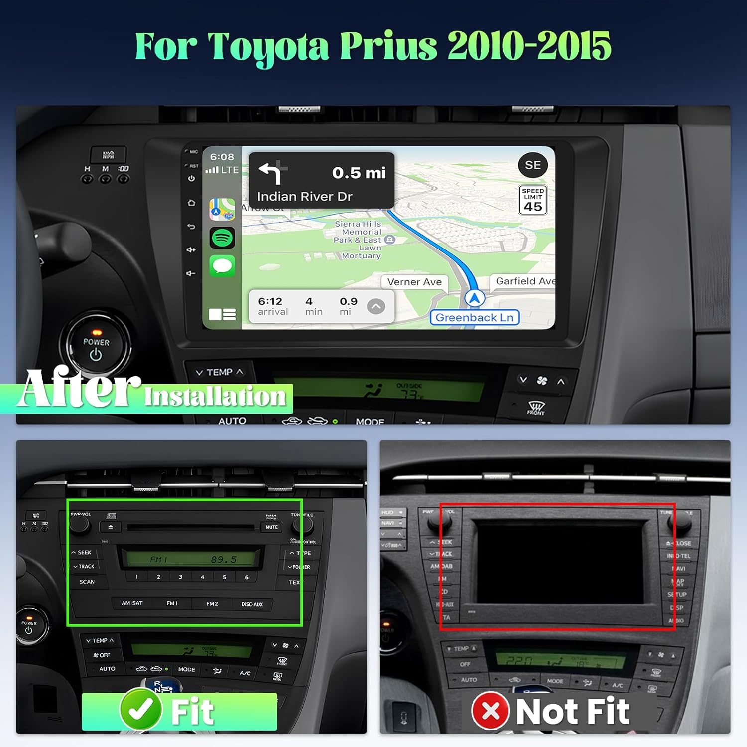 Roinvou Estéreo Android CarPlay 2+32G para radio Toyota Prius 2010-2015, pantalla táctil de 9 pulgadas, navegación GPS en el salpicadero con CarPlay