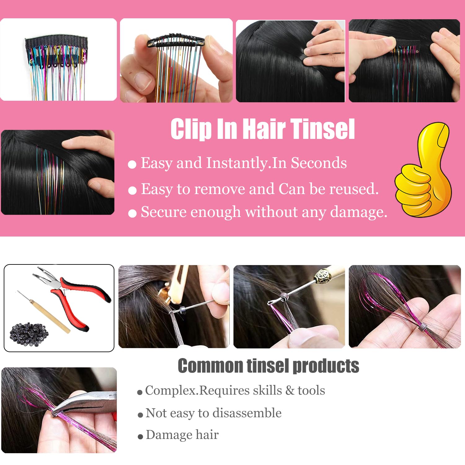12 extensiones de cabello de oropel con clip de oropel con purpurina de 19.6 pulgadas, kit de oropel resistente al calor, accesorios de cabello de