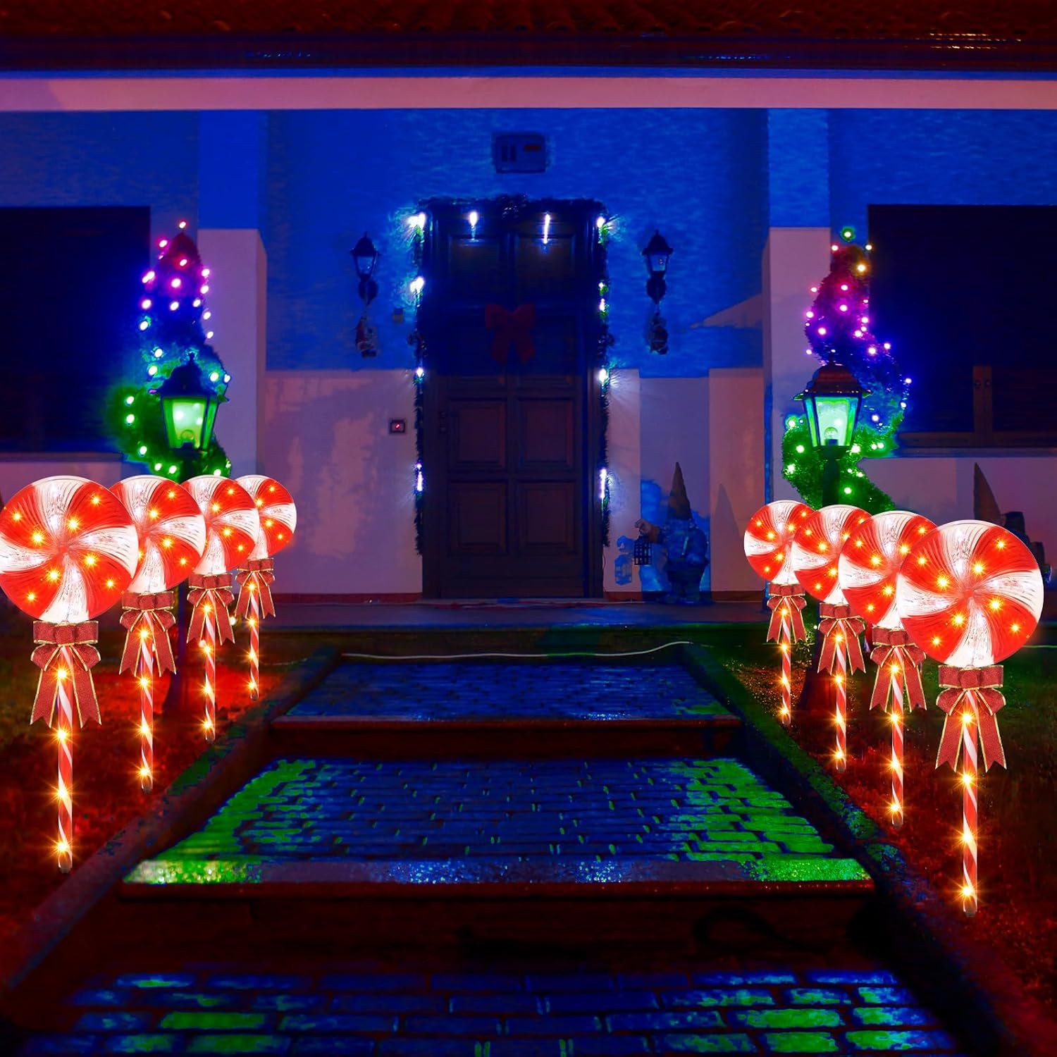 2 juegos de decoraciones de Navidad para exteriores, 26 pulgadas, piruleta de menta, bastón de caramelo, luces de camino, 160 LED, 8 modos de