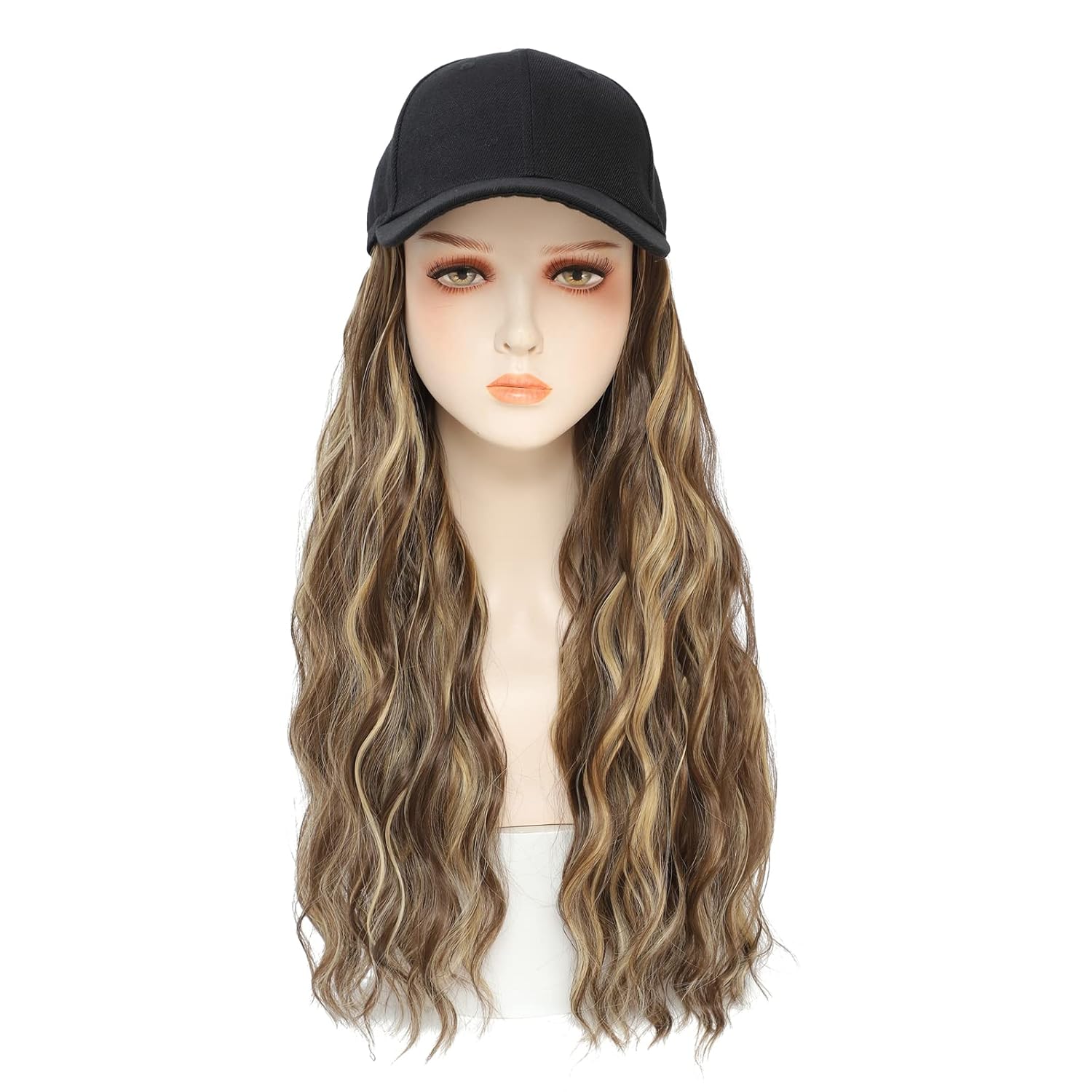 Peluca de gorra de béisbol, extensiones de cabello largo natural ondulado con sombrero, resistente al calor, fibra sintética, peluca ajustable para