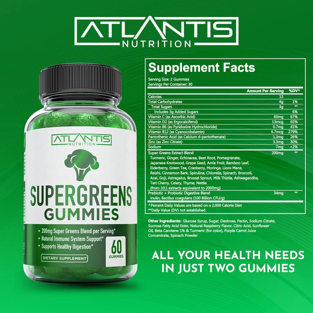 Atlantis Nutrition Supergreens 60 gomitas + refuerzo de testosterona paquete de 2 (120 gomitas)