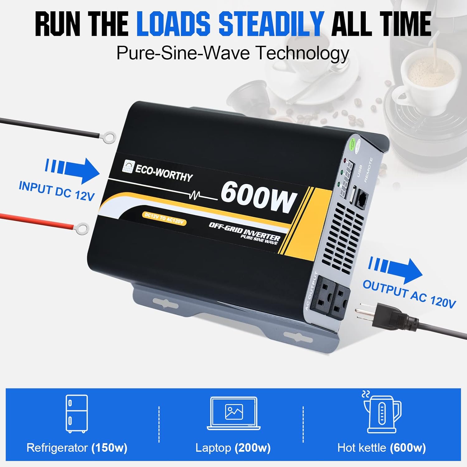 ECO-WORTHY Inversor de onda sinusoidal pura de 600 W, salida de CA, puerto de salida USB, indicador LED, ventiladores de refrigeración duales y