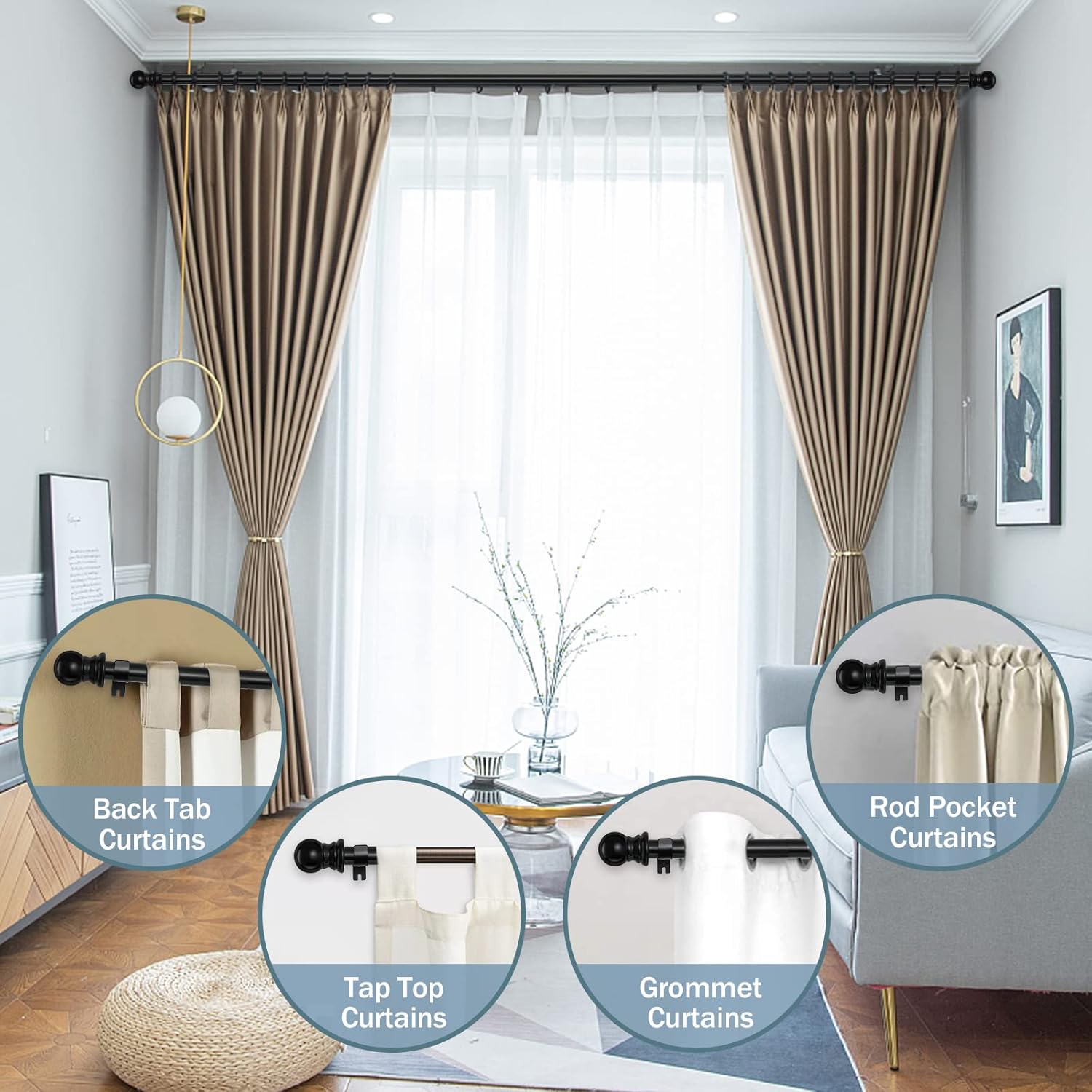 Barras de cortina negras para ventanas de 66 a 144 pulgadas, barras de cortina largas para cortinas con ojales, barra de cortina de 1 pulgada