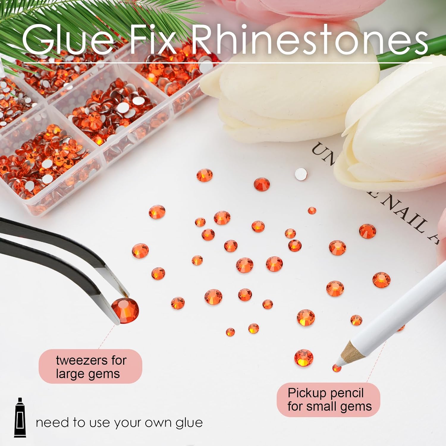 Canvalite 3600 diamantes de imitación naranja de cristal para uñas, pegamento para fijar gemas brillantes de uñas con selector de diamantes de
