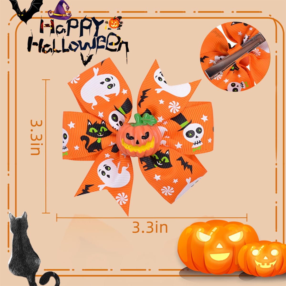 6 lazos para el cabello de Halloween, horquillas para el cabello, calabazas y murciélagos para boutique, clip de cinta de grogrén, pasador para el