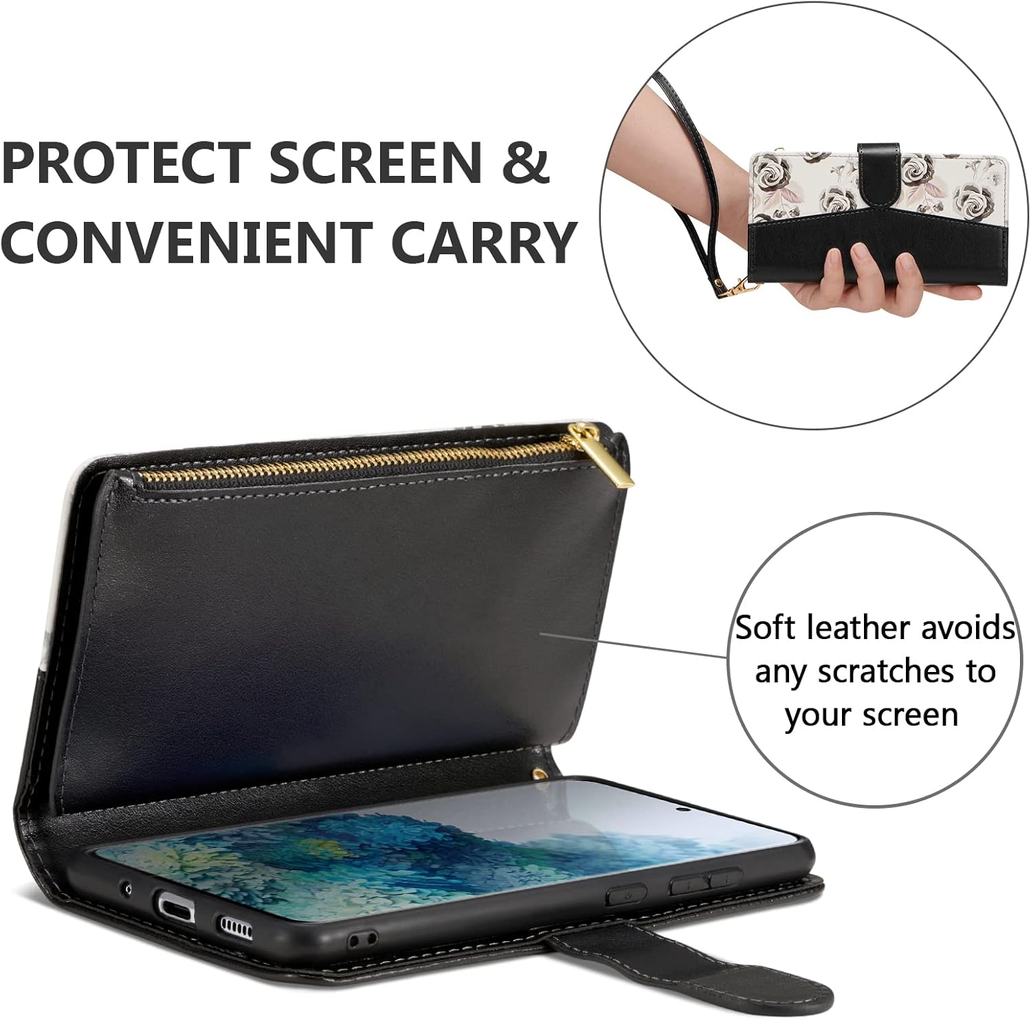 UEEBAI Funda tipo cartera para Samsung Galaxy S21 5G, flor PU cuero cierre magnético bolso bolsillo cremallera bolsillo caso Kickstand ranuras con
