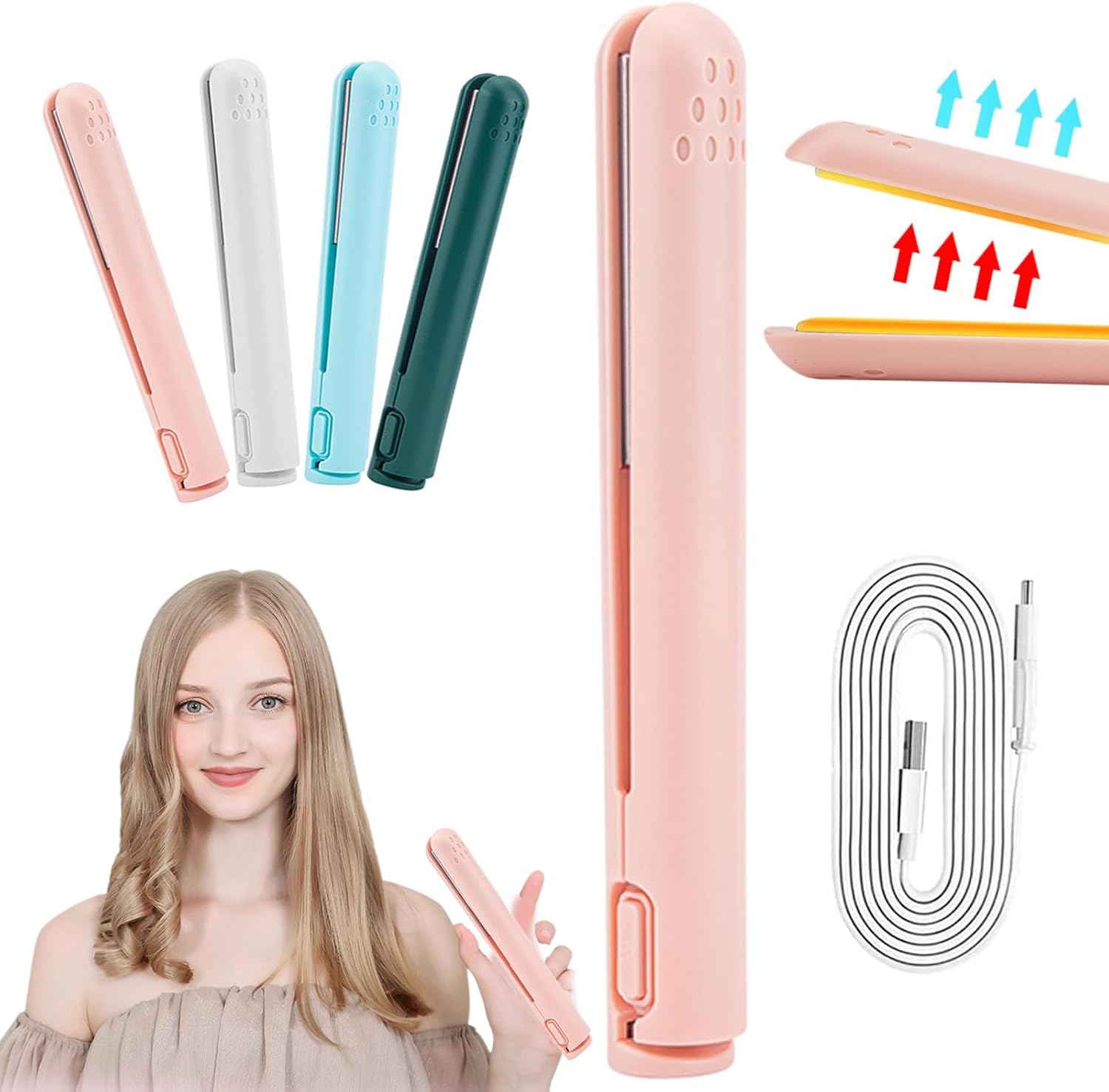 Mini plancha de pelo de doble propósito, cerámica, portátil, 2 en 1, rosa