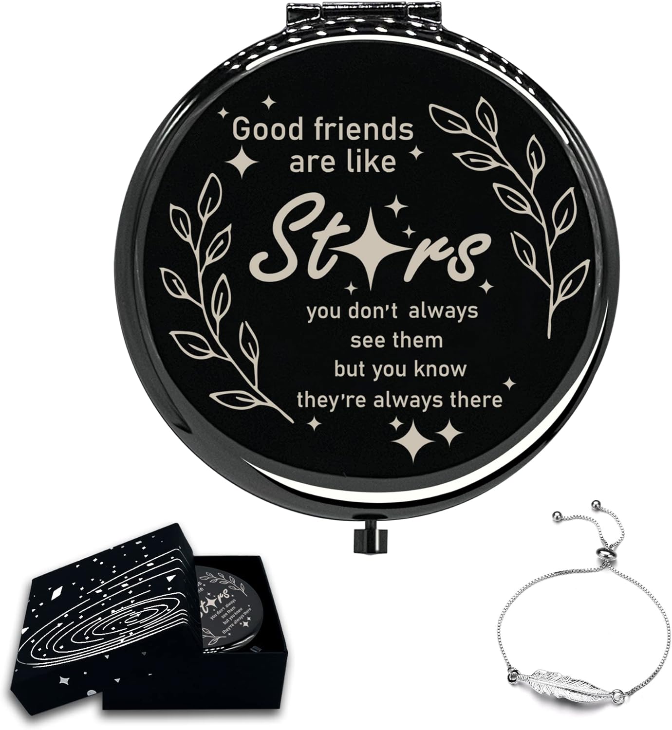 Calyders Good Friends are Like Stars Espejo de bolsillo compacto de viaje (negro) y pulsera de hojas Caja de regalo para cumpleaños, boda,