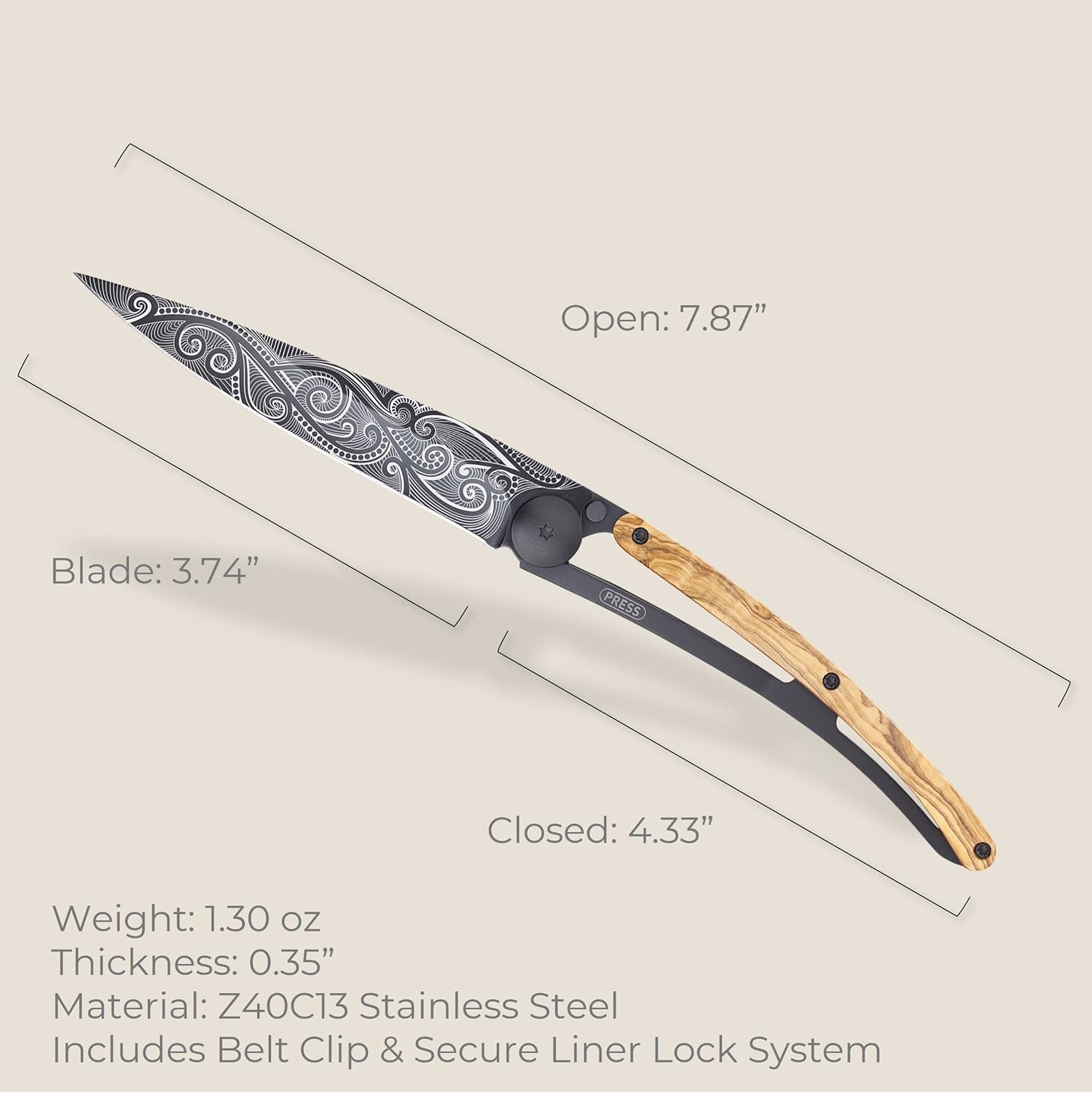 deejo – Serrado 1.3 onzas, madera de olivo, titanio negro, pacífico – Cuchillo plegable de bolsillo ultraligero con clip para cinturón – Acero