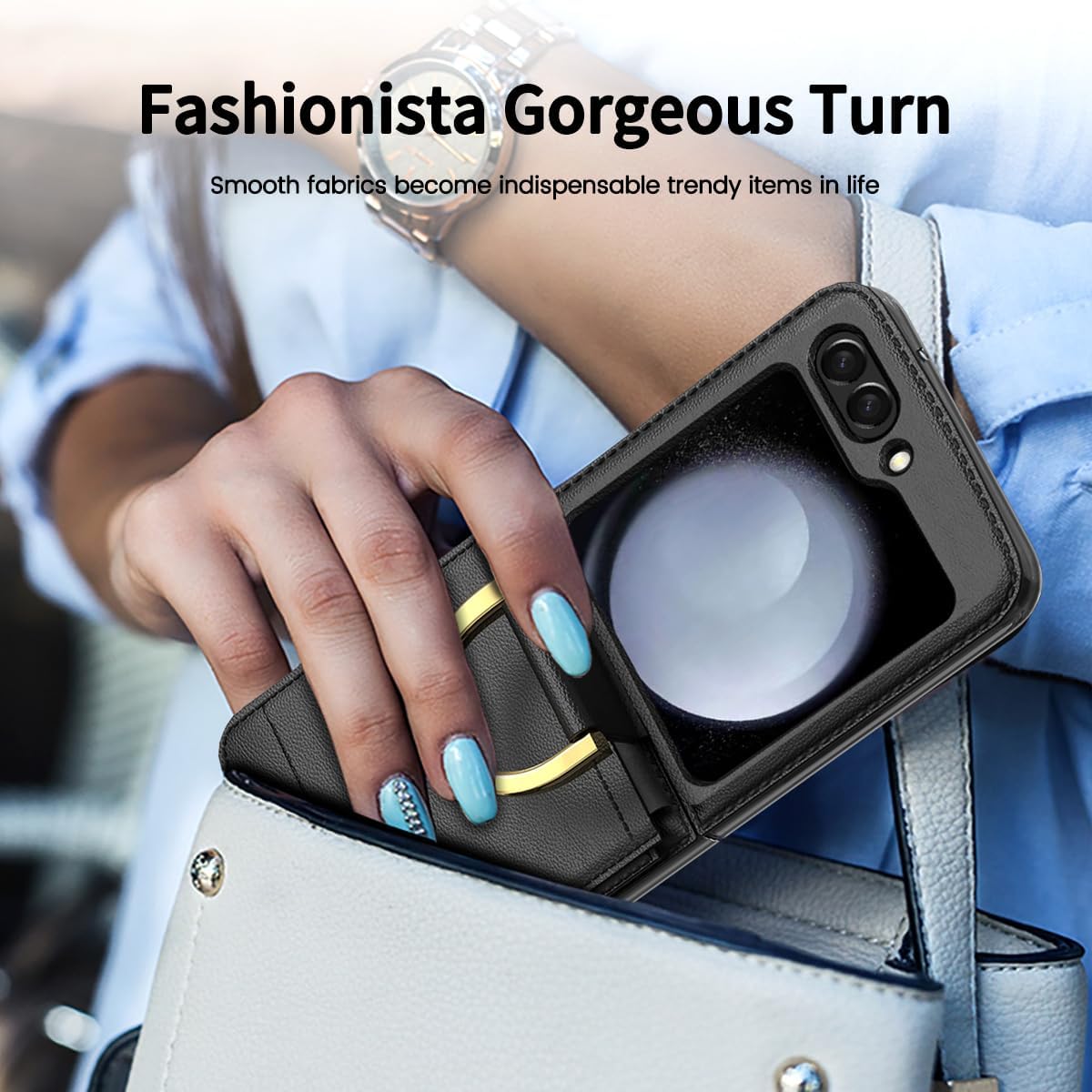 BAILI Funda tipo cartera de piel para Galaxy Z Flip5, funda para Galaxy Z Flip5 con ranura para tarjeta y anillo, funda ligera de lujo para Galaxy Z