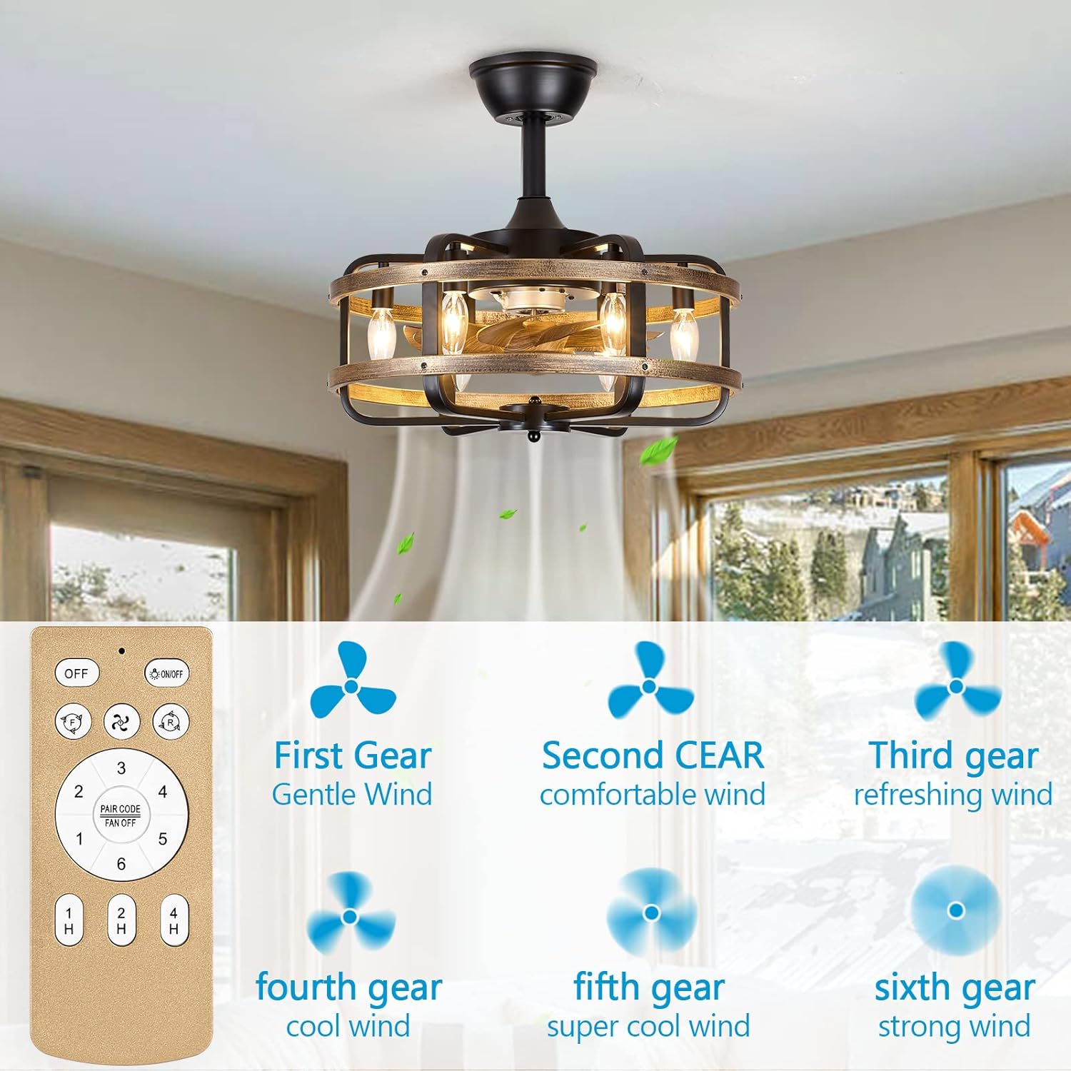 Luupyia Ventiladores de techo tipo jaula con luces y control remoto de 6 velocidades reversibles, ventilador de techo rústico de 18 pulgadas con luz