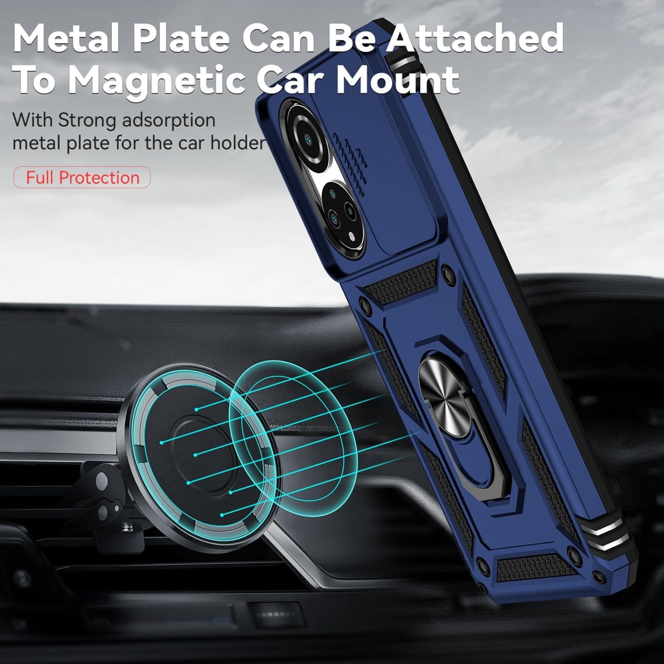 Funda para Honor X7, CMA-LX2 CMA-LX1 con protector de pantalla de vidrio templado y cubierta de cámara deslizante, soporte de anillo giratorio de