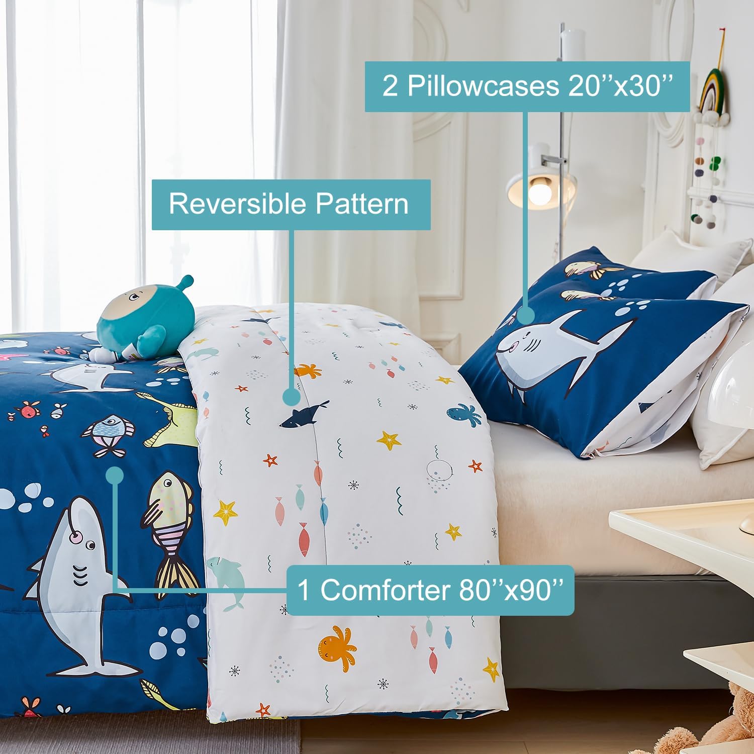 WINLIFE Juego de edredón matrimonial de 3 piezas para niños, edredón reversible súper suave para adolescentes, edredón estampado con tema oceánico,