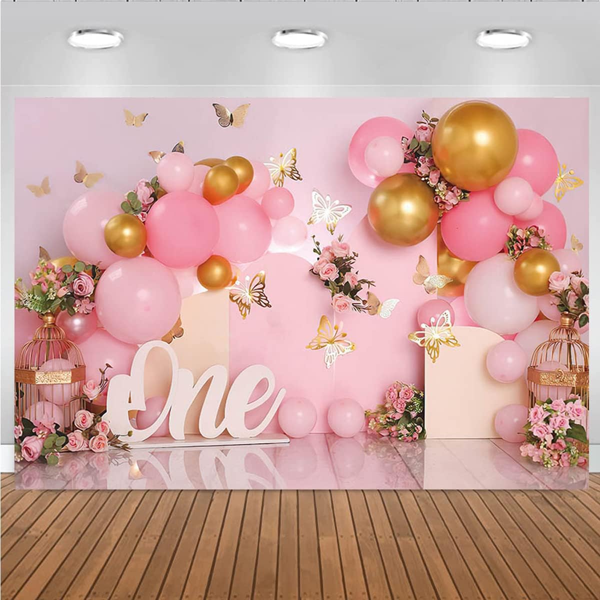 Telón de fondo de 1er cumpleaños para niña, globos rosados, mariposa dorada, dulce para niños, decoración de fiesta de cumpleaños, fotografía